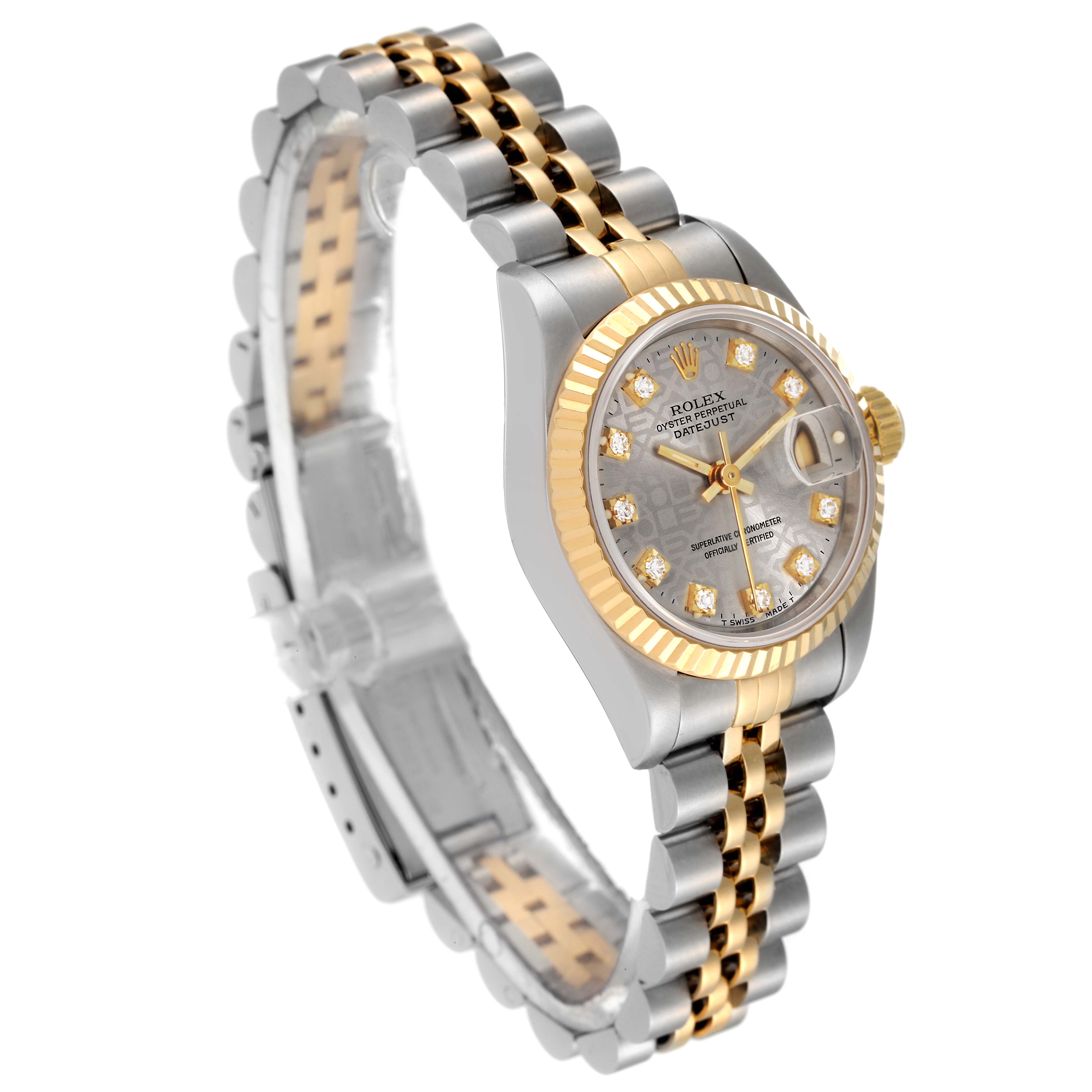 This image shows a Rolex Datejust 69173 Women's Steel and Gold (two tone) Silver Dial 69173 Women's Steel and Gold (two tone) Silver Dial watch at an angle highlighting the face, bezel, crown, and two-tone bracelet.