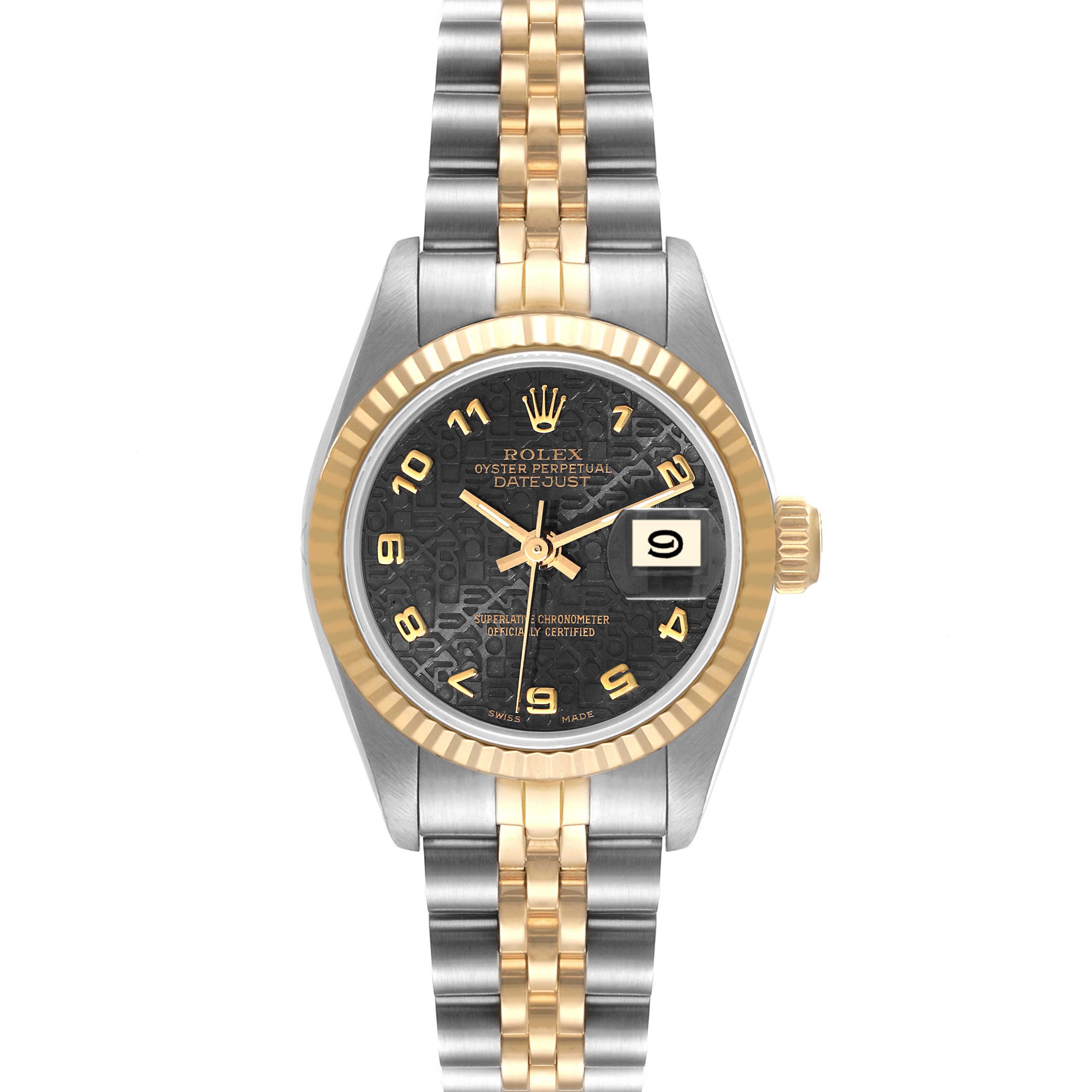 The image shows a front view of a Rolex Datejust 69173 Women
s Steel and Gold (two tone) Grey Dial 69173 Women
s Steel and Gold (two tone) Grey Dial watch, highlighting its dial, bezel, crown, and two-tone bracelet.