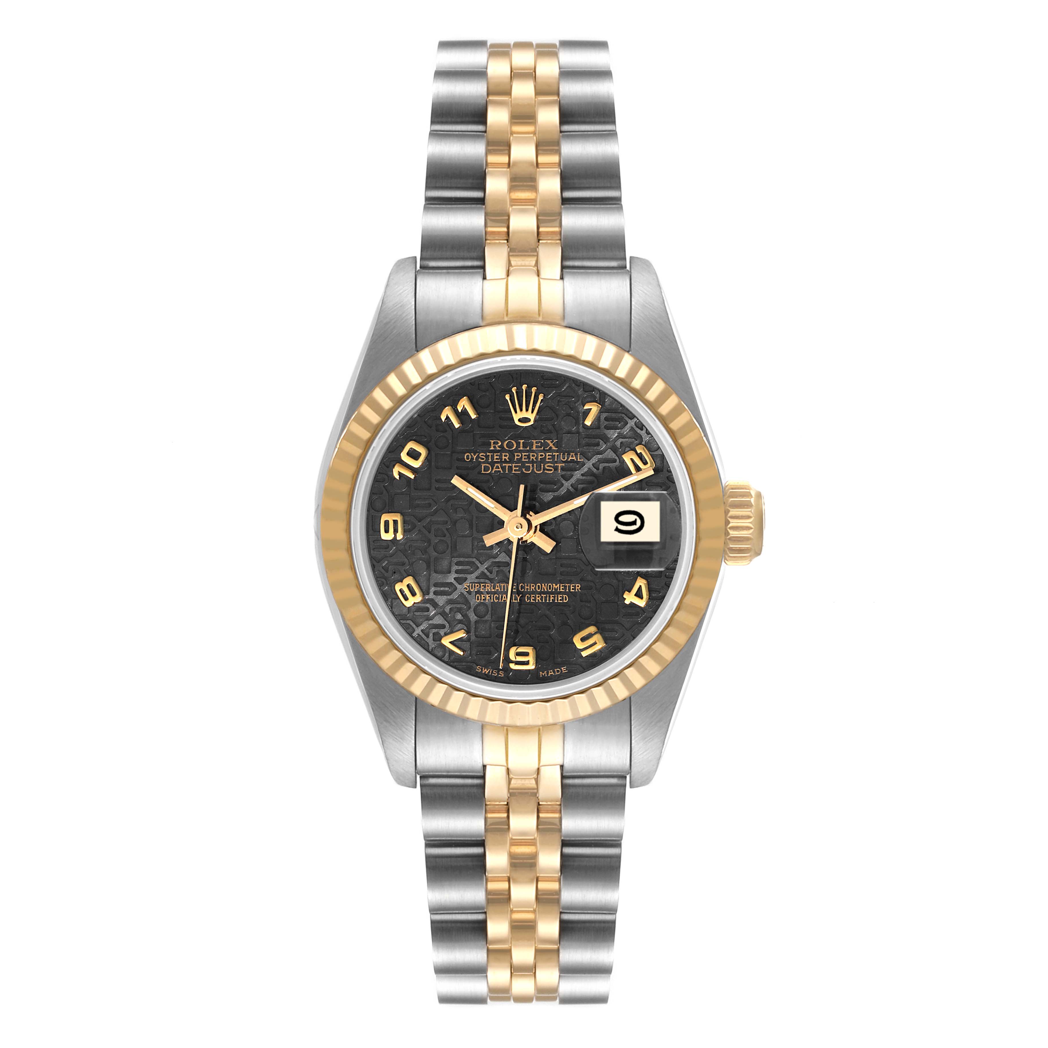 The image shows a Rolex Datejust 69173 Women
s Steel and Gold (two tone) Grey Dial 69173 Women
s Steel and Gold (two tone) Grey Dial watch from a front view, highlighting its two-tone bracelet, black dial, and date display.