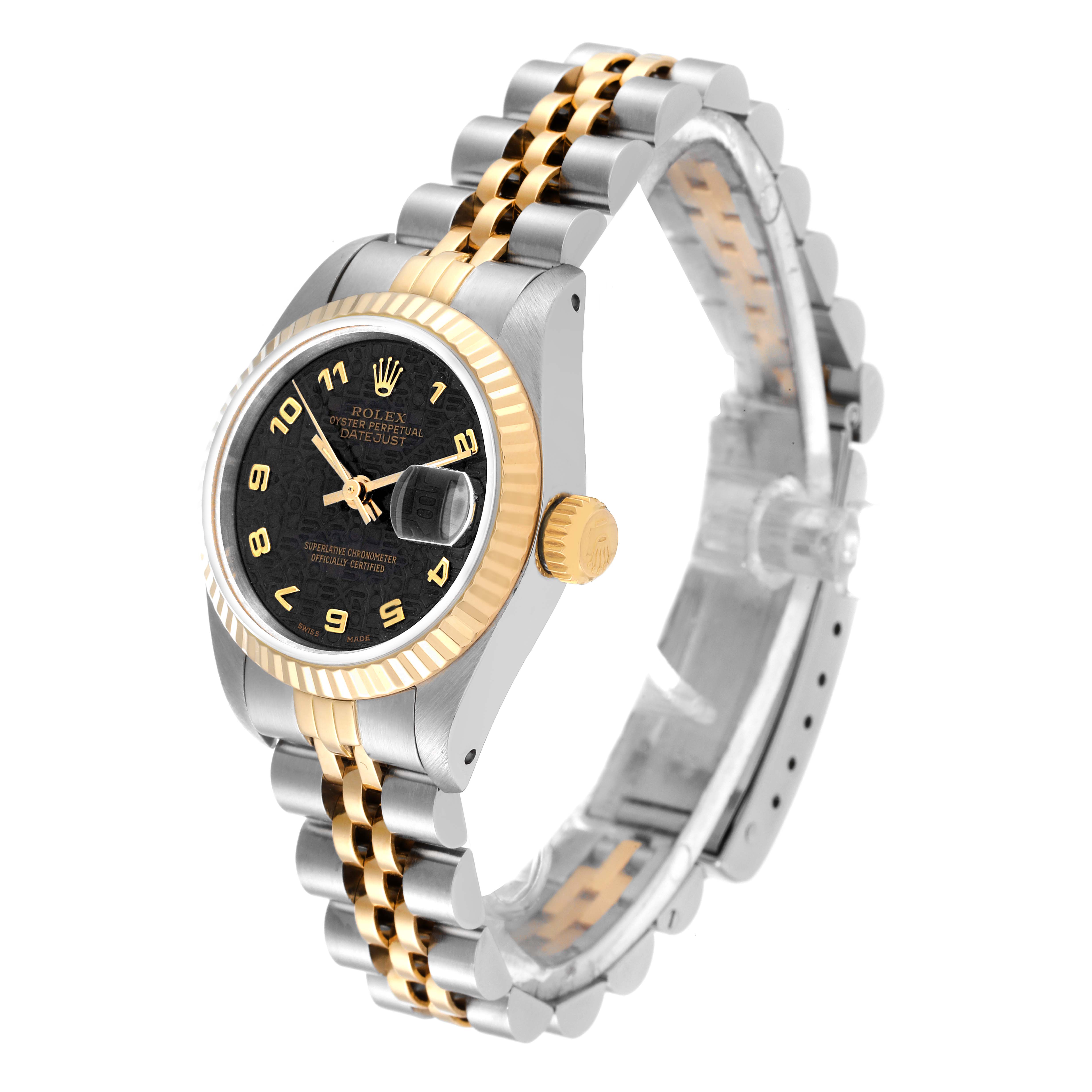 The Rolex Datejust 69173 Women
s Steel and Gold (two tone) Grey Dial 69173 Women
s Steel and Gold (two tone) Grey Dial watch is shown from an angled side view, highlighting its dial, fluted bezel, and two-tone bracelet.