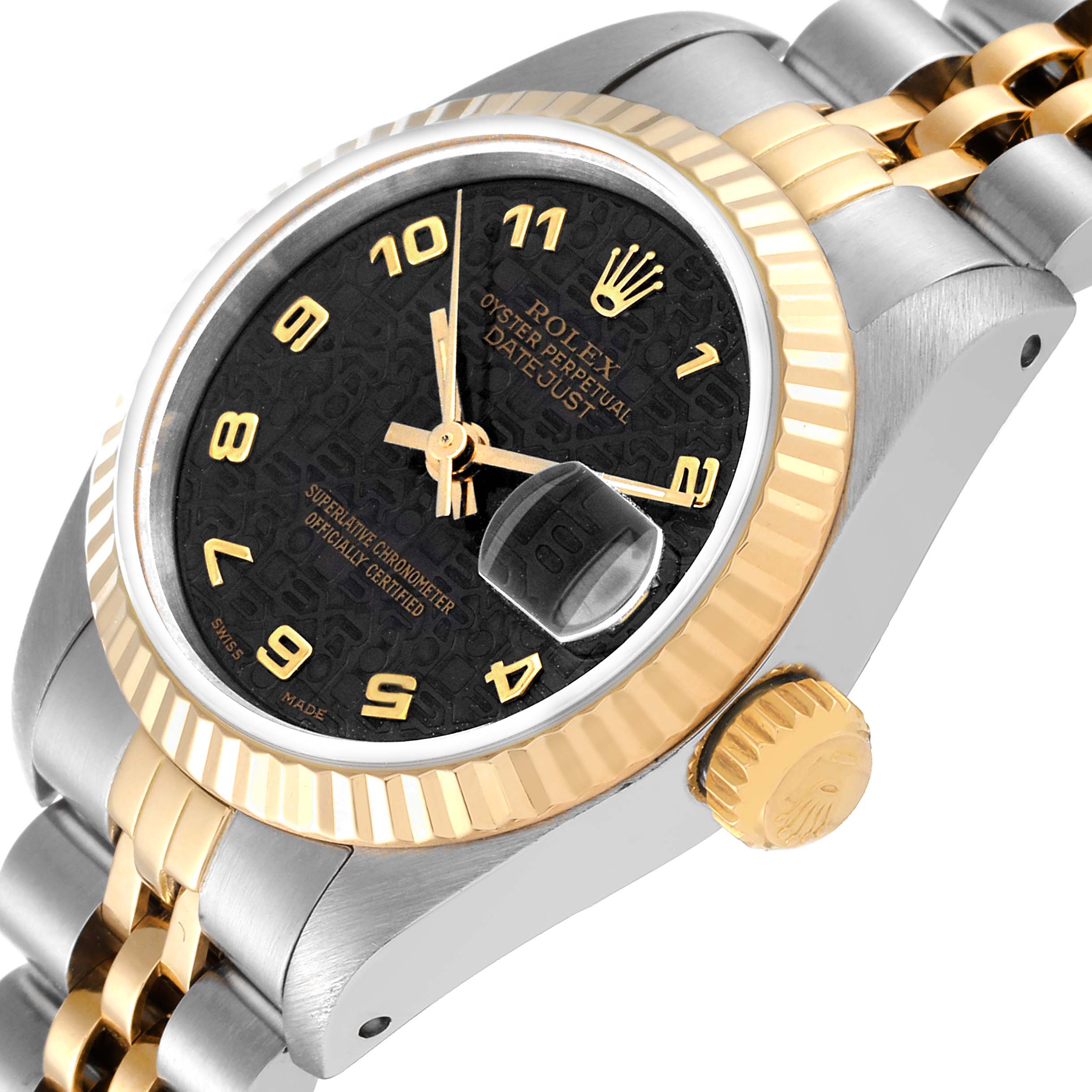 The image shows a Rolex Datejust 69173 Women
s Steel and Gold (two tone) Grey Dial 69173 Women
s Steel and Gold (two tone) Grey Dial watch at an angled close-up, highlighting the dial, bezel, crown, and part of the bracelet.