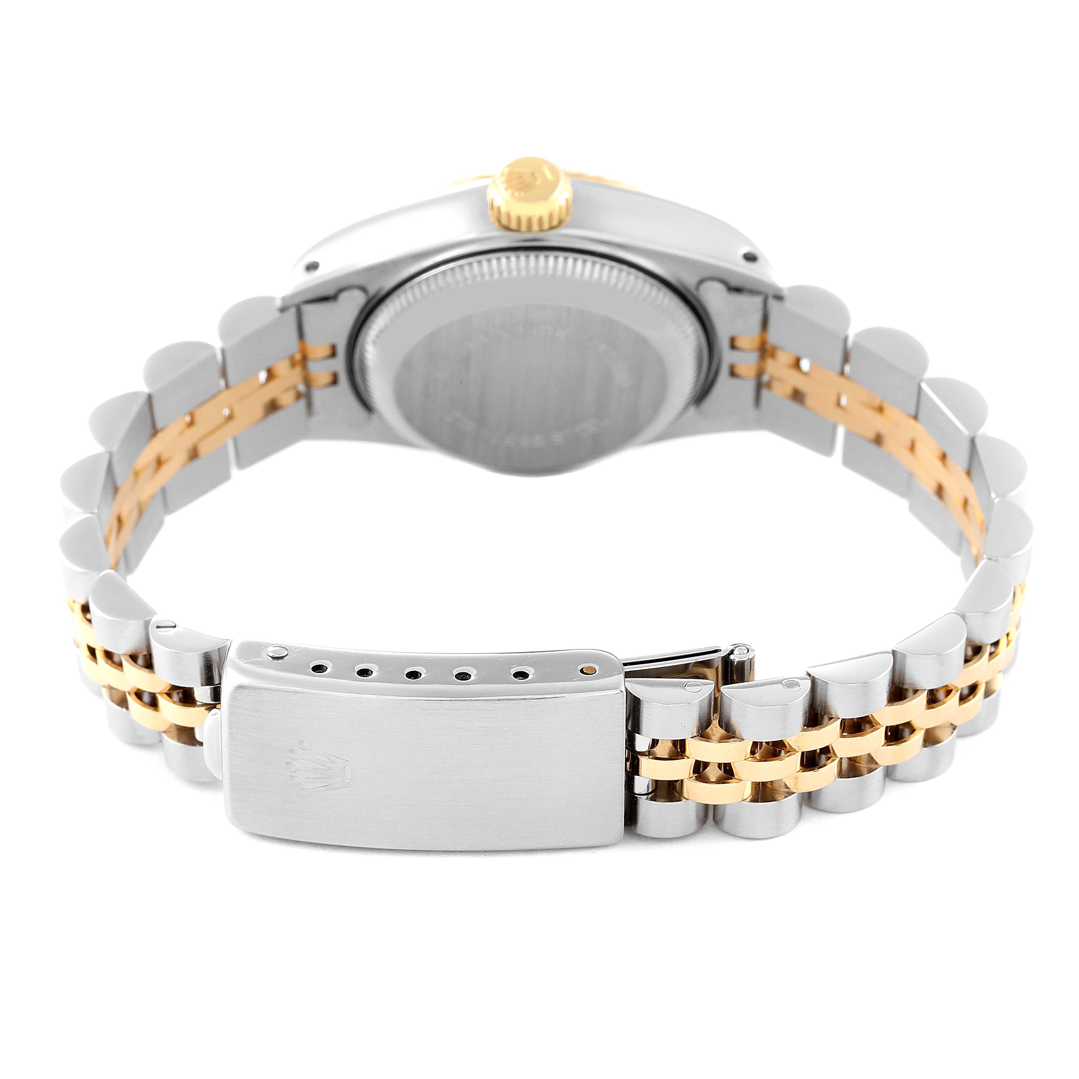The image shows the back view of the clasp and bracelet of a Rolex Datejust 69173 Women
s Steel and Gold (two tone) Grey Dial 69173 Women
s Steel and Gold (two tone) Grey Dial watch.
