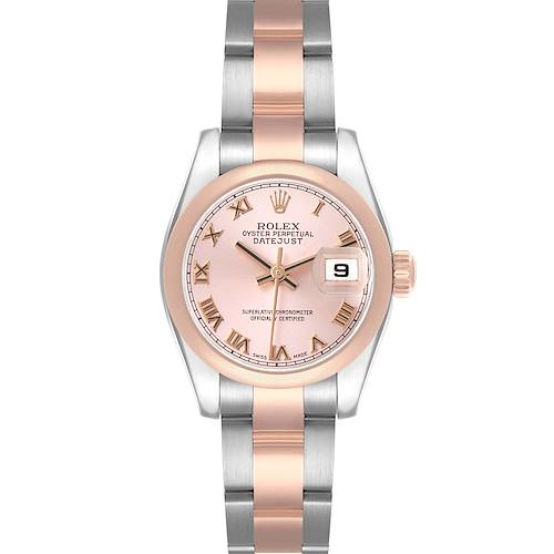 This Rolex Datejust 179161 Women's Steel and Gold (two tone) Pink Dial watch is shown from a front angle, highlighting its dial, bezel, case, and bracelet.