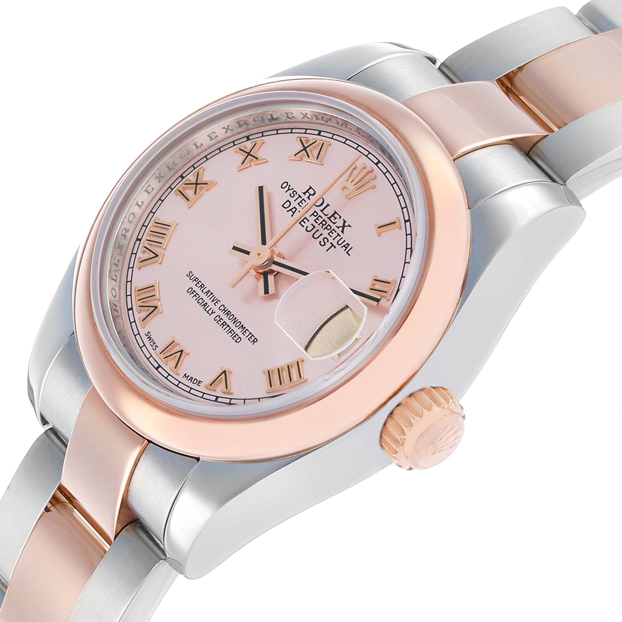 The Rolex Datejust 179161 Women's Steel and Gold (two tone) Pink Dial watch is shown at a slight angle, highlighting its pink dial, two-tone bracelet, and crown.