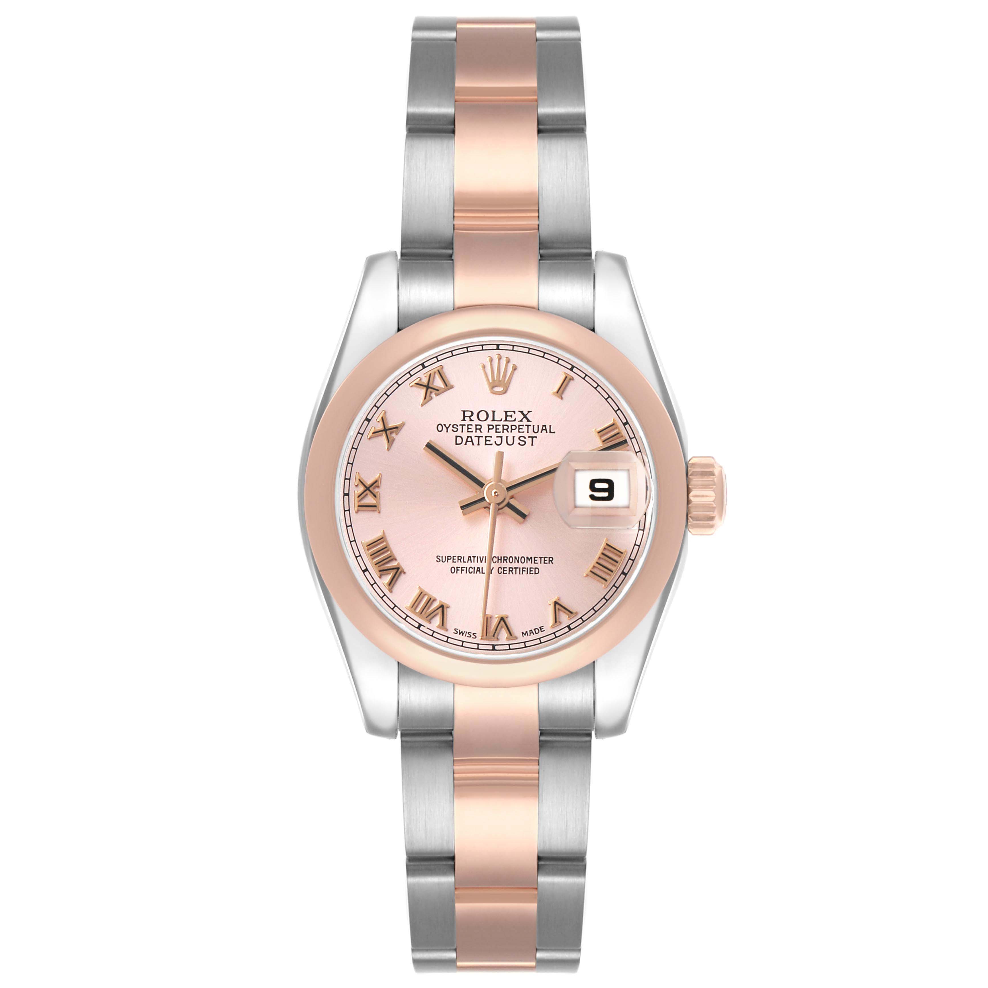 The Rolex Datejust 179161 Women's Steel and Gold (two tone) Pink Dial is shown from a top-down angle, highlighting the dial, bezel, and bracelet.