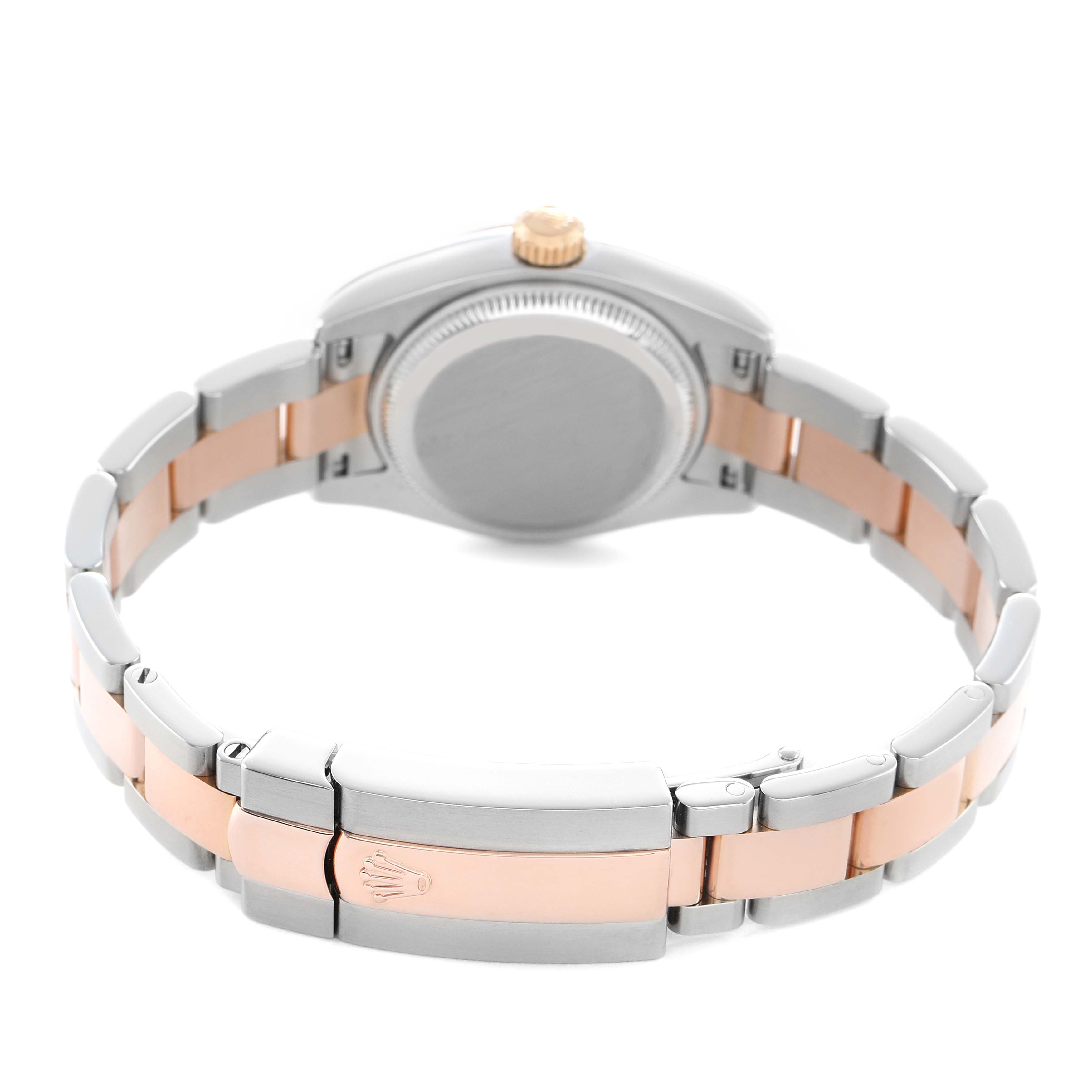 The Rolex Datejust 179161 Women's Steel and Gold (two tone) Pink Dial is shown from the back, highlighting the case back, bracelet, and clasp in a two-tone metal finish.