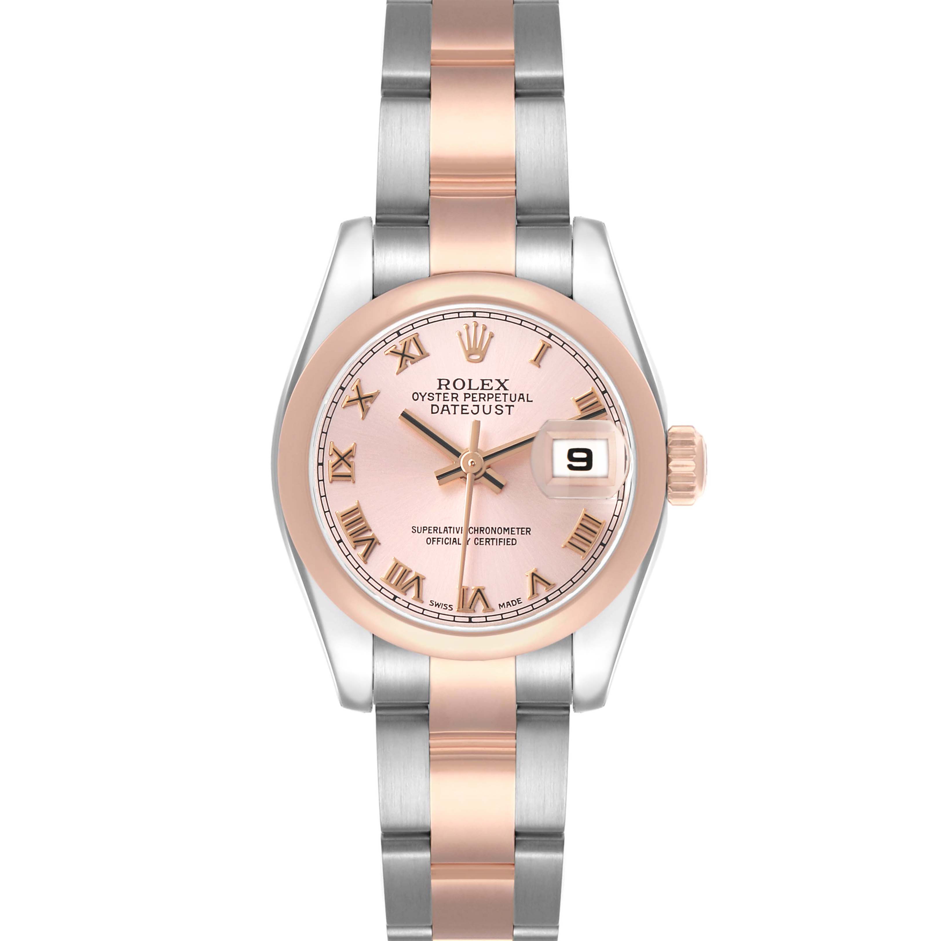 The image shows a frontal view of the Rolex Datejust 179161 Women's Steel and Gold (two tone) Pink Dial, highlighting the dial, hands, bezel, and two-tone bracelet.