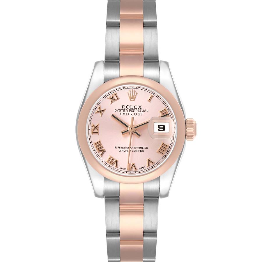 The image shows a frontal view of the Rolex Datejust 179161 Women's Steel and Gold (two tone) Pink Dial, highlighting the dial, hands, bezel, and two-tone bracelet.
