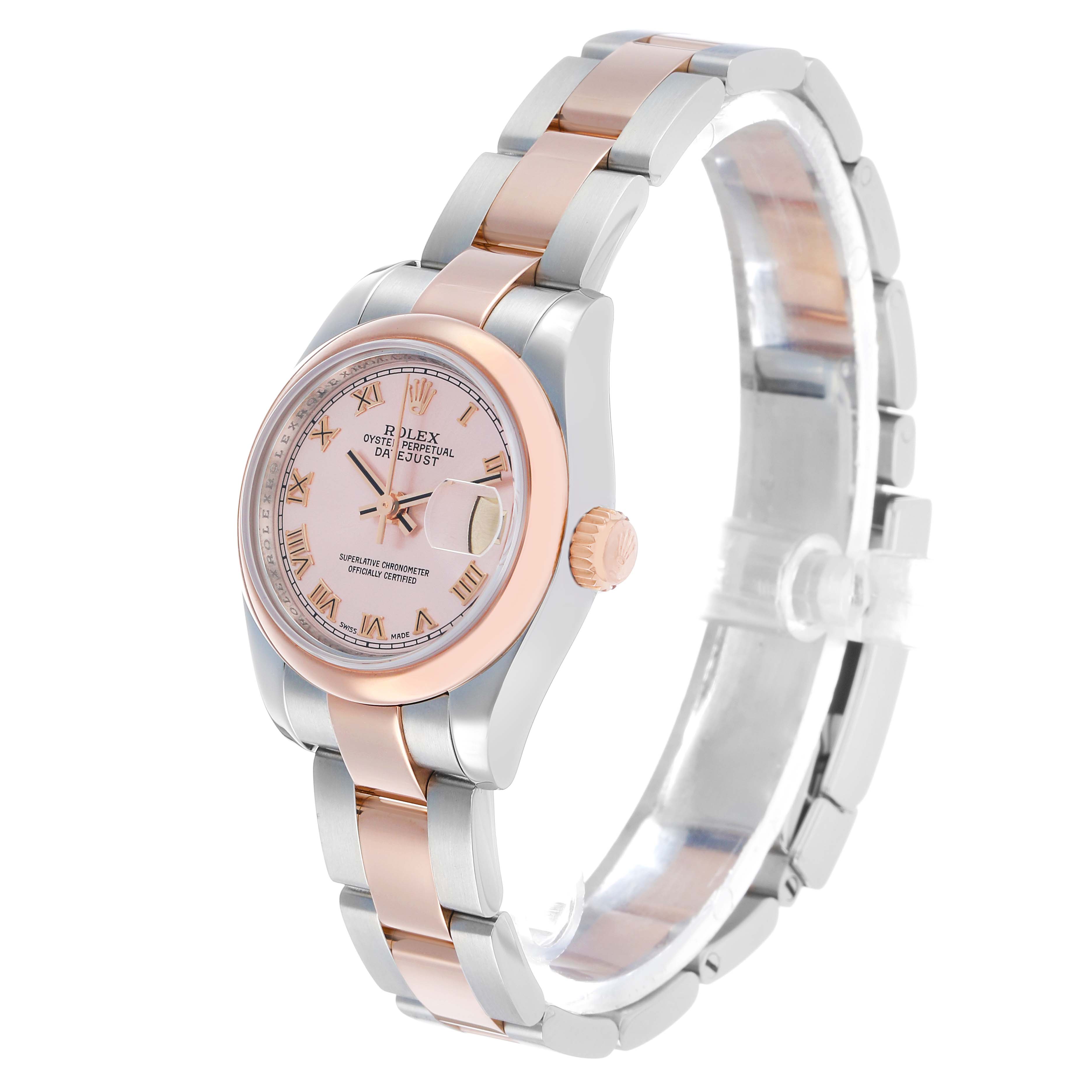 The Rolex Datejust 179161 Women's Steel and Gold (two tone) Pink Dial watch is shown at a three-quarter angle, highlighting the dial, bezel, crown, and bracelet.