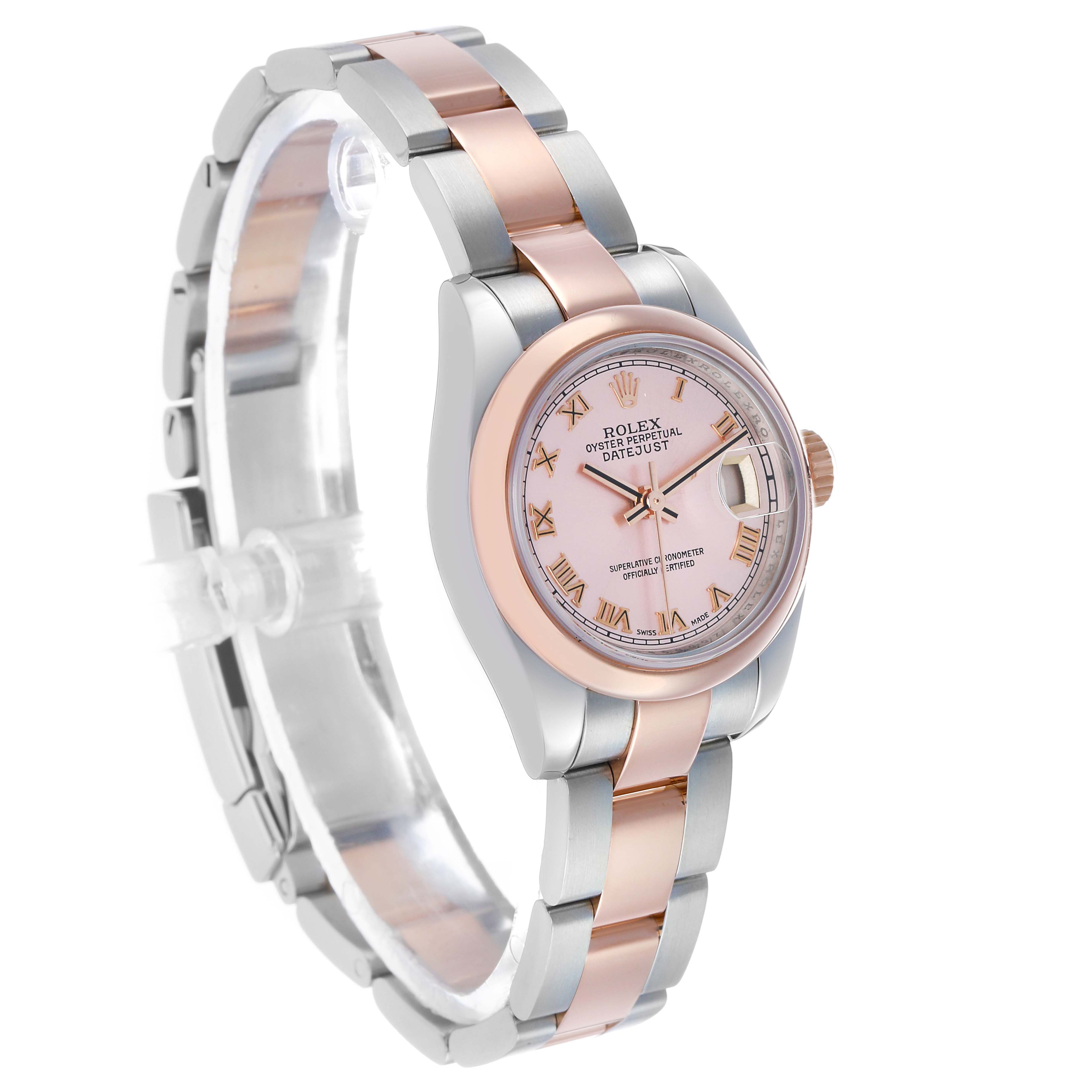 The Rolex Datejust 179161 Women's Steel and Gold (two tone) Pink Dial watch is shown at a three-quarter angle, highlighting the two-tone bracelet, pink dial, and bezel.