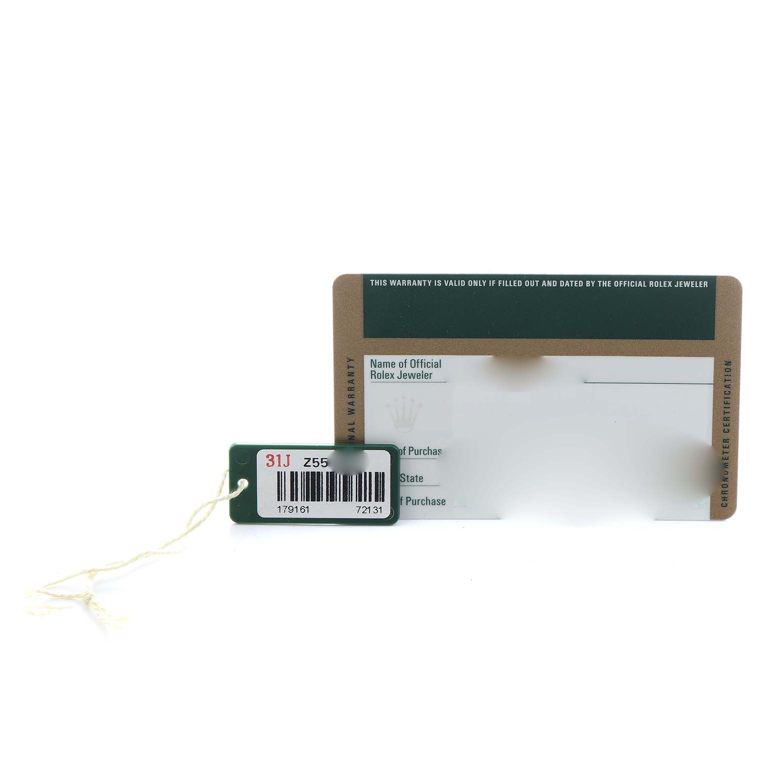 The image shows a Rolex Datejust 179161 Women's Steel and Gold (two tone) Pink Dial warranty card and a tag with a barcode, positioned flat on a surface.