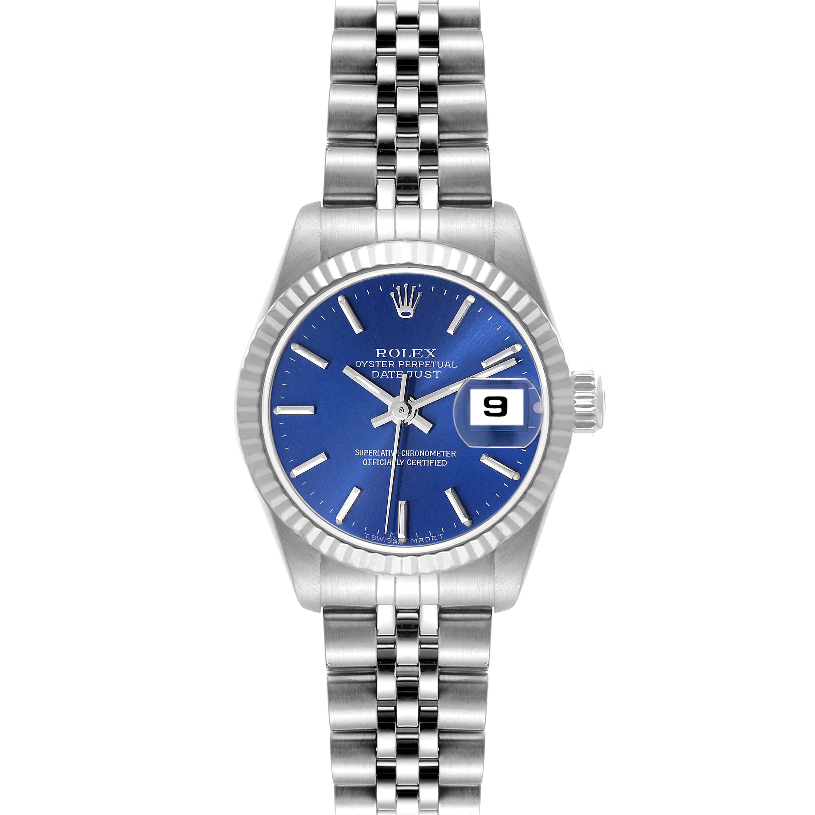 This image shows a Rolex Datejust 69174 Women's Stainless Steel Blue Dial 69174 Women's Stainless Steel Blue Dial watch from the front, highlighting its blue dial, date window, and Jubilee bracelet.