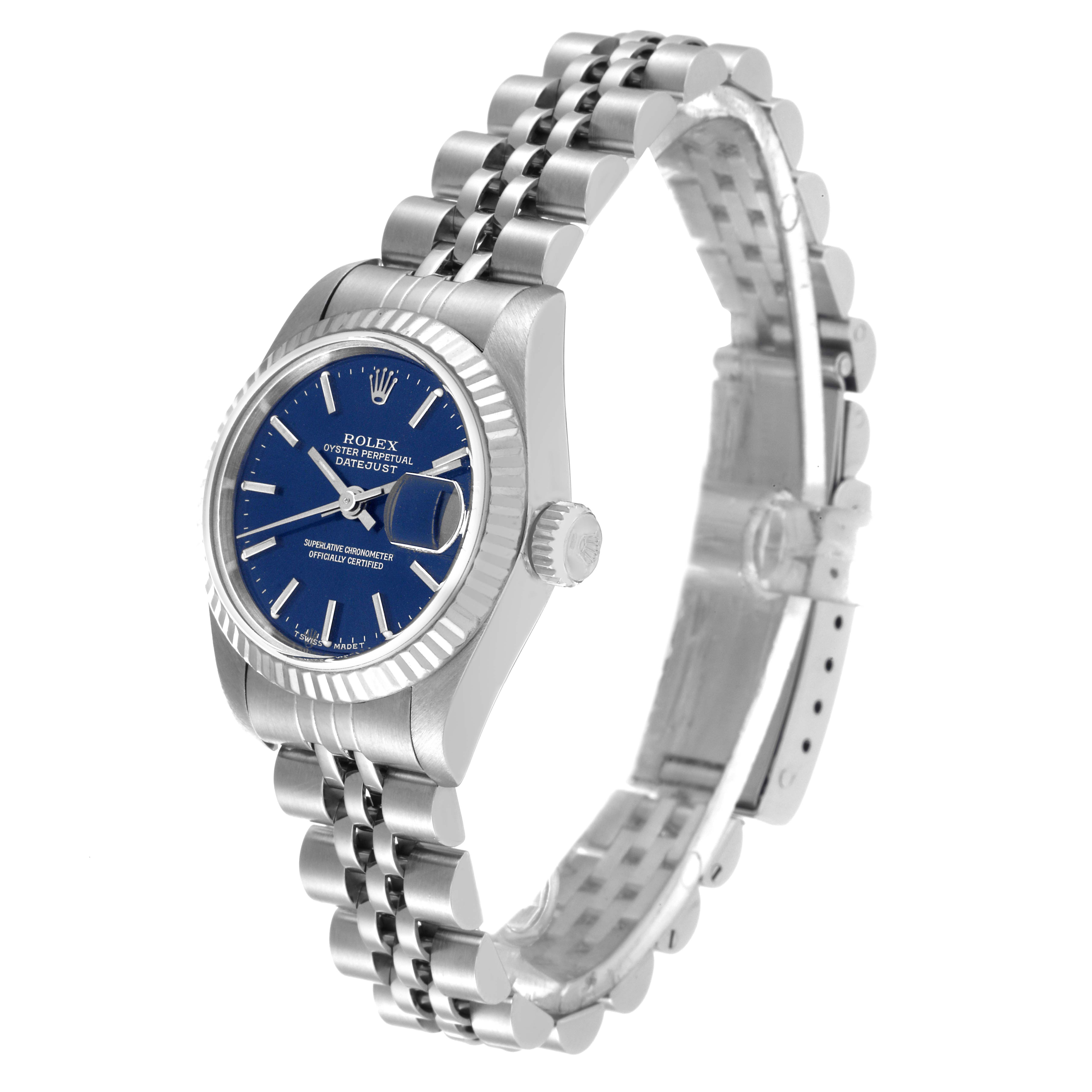 The image shows a side angle view of a Rolex Datejust 69174 Women's Stainless Steel Blue Dial 69174 Women's Stainless Steel Blue Dial watch, highlighting its face, dial, bezel, crown, and band.