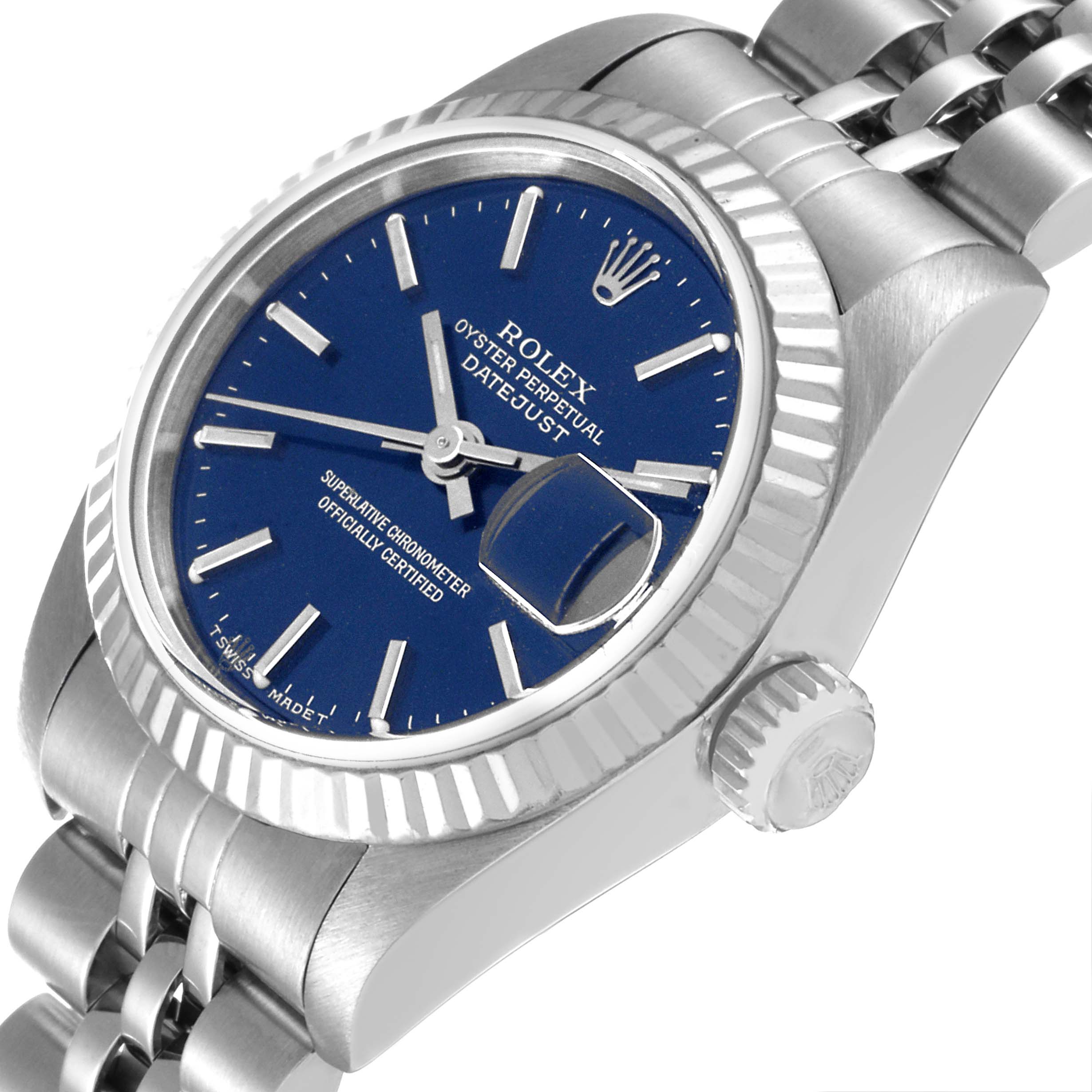 The image shows a Rolex Datejust 69174 Women's Stainless Steel Blue Dial 69174 Women's Stainless Steel Blue Dial watch from a slight side angle, highlighting the blue dial, crown, and part of the bracelet.