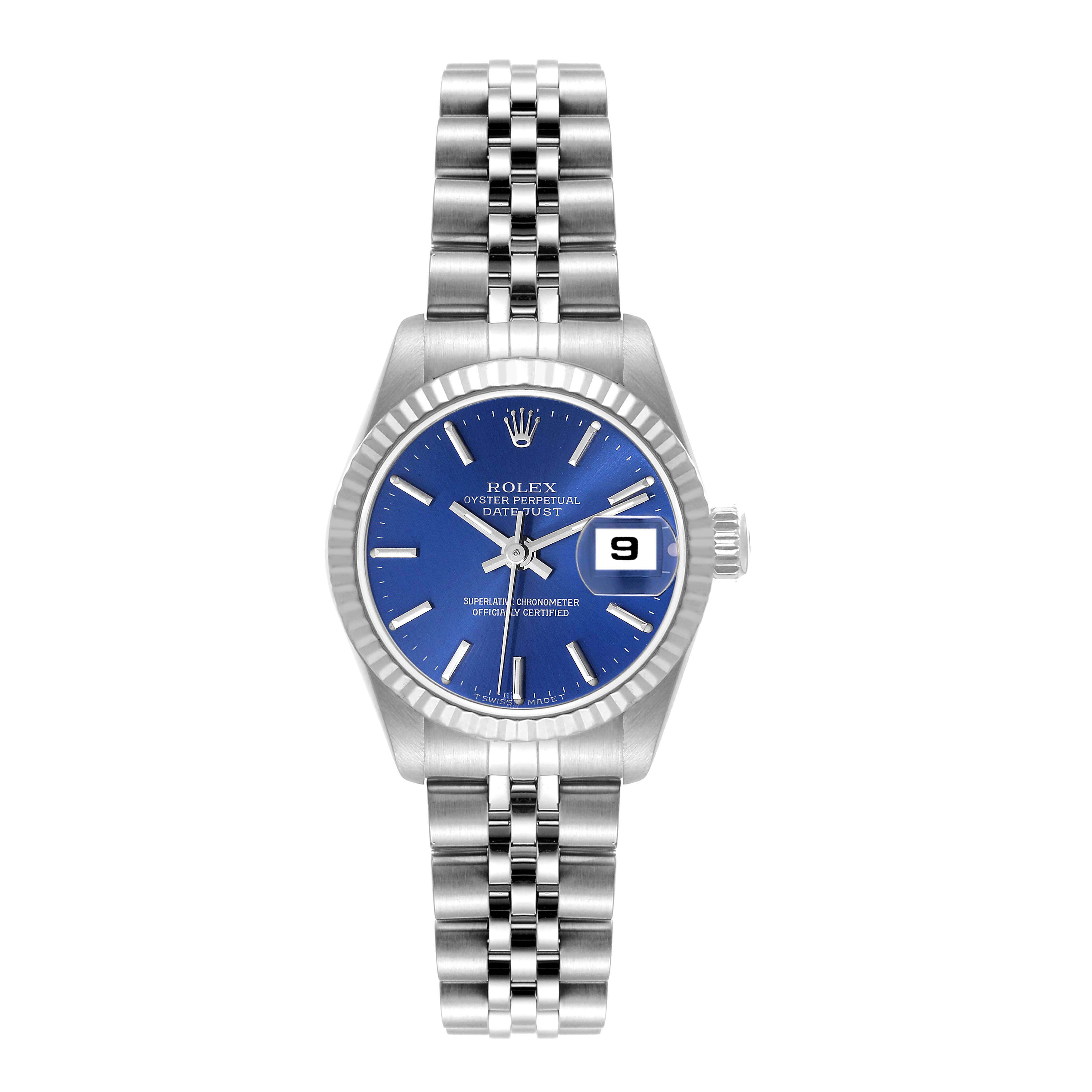 The image shows a Rolex Datejust 69174 Women's Stainless Steel Blue Dial 69174 Women's Stainless Steel Blue Dial watch from a front angle, displaying its blue dial, fluted bezel, and Jubilee bracelet.