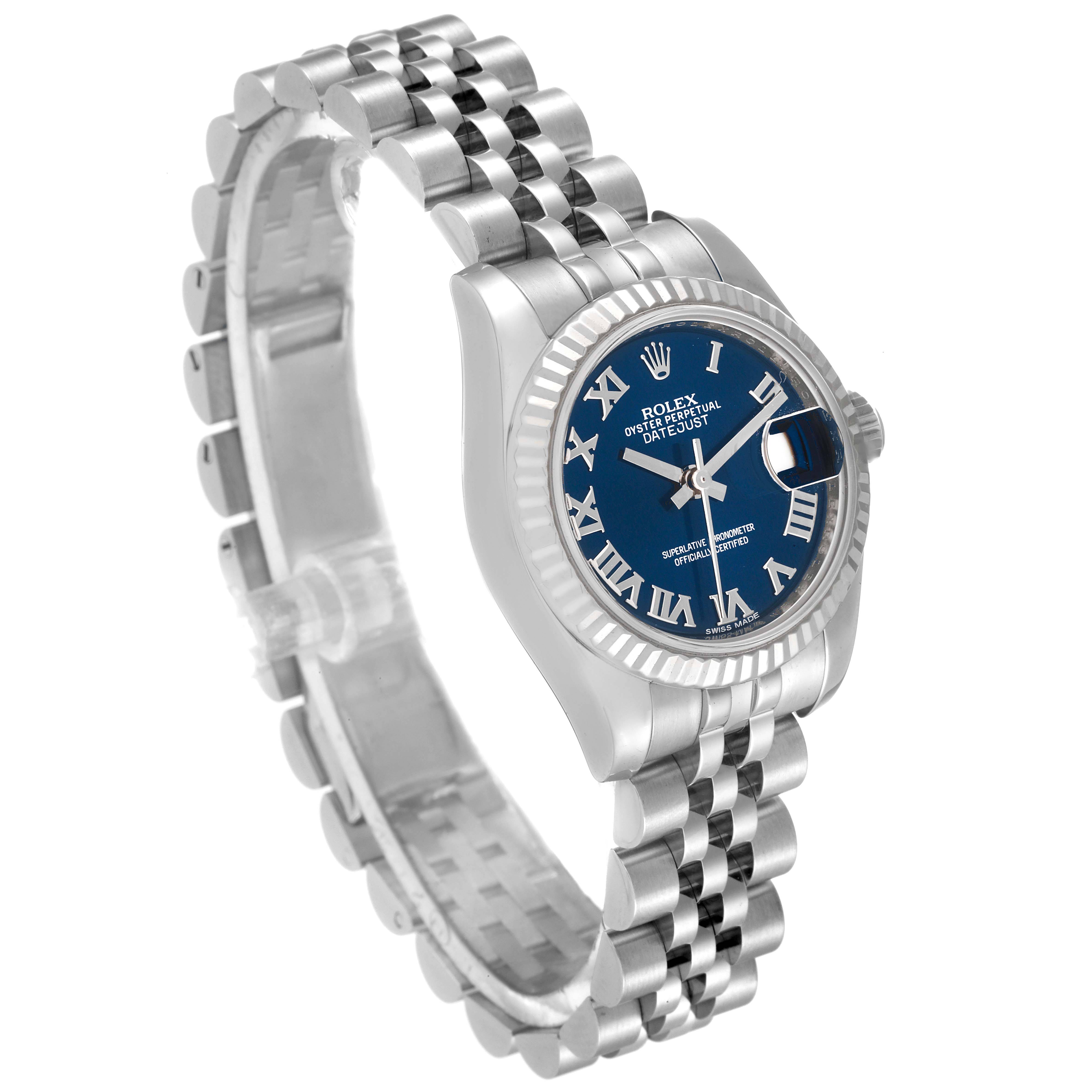 This Rolex Datejust 179174 Women's Stainless Steel Blue Dial 179174 Women's Stainless Steel Blue Dial watch is shown at a tilted angle, highlighting its blue dial, fluted bezel, and jubilee bracelet.