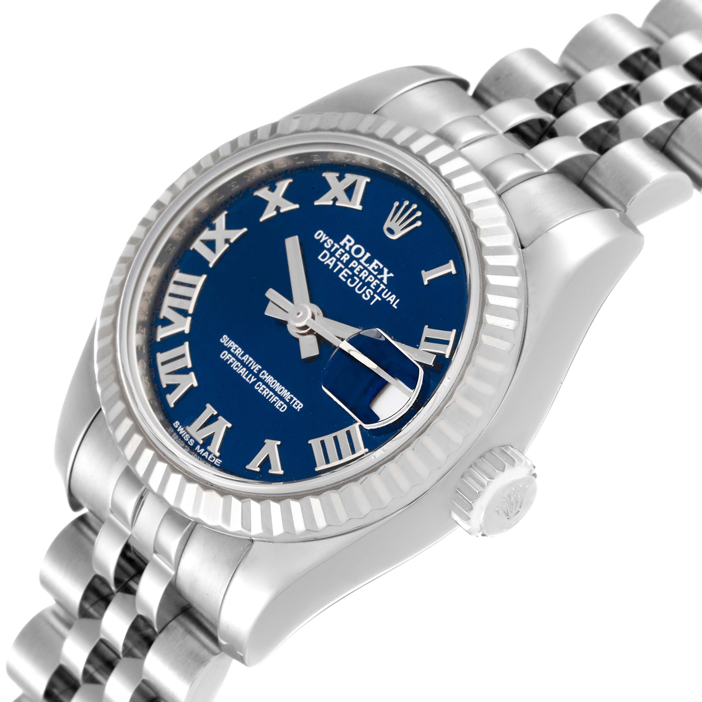 The Rolex Datejust 179174 Women's Stainless Steel Blue Dial 179174 Women's Stainless Steel Blue Dial watch is shown at a slight angle displaying the dial, fluted bezel, crown, and part of the Jubilee bracelet.