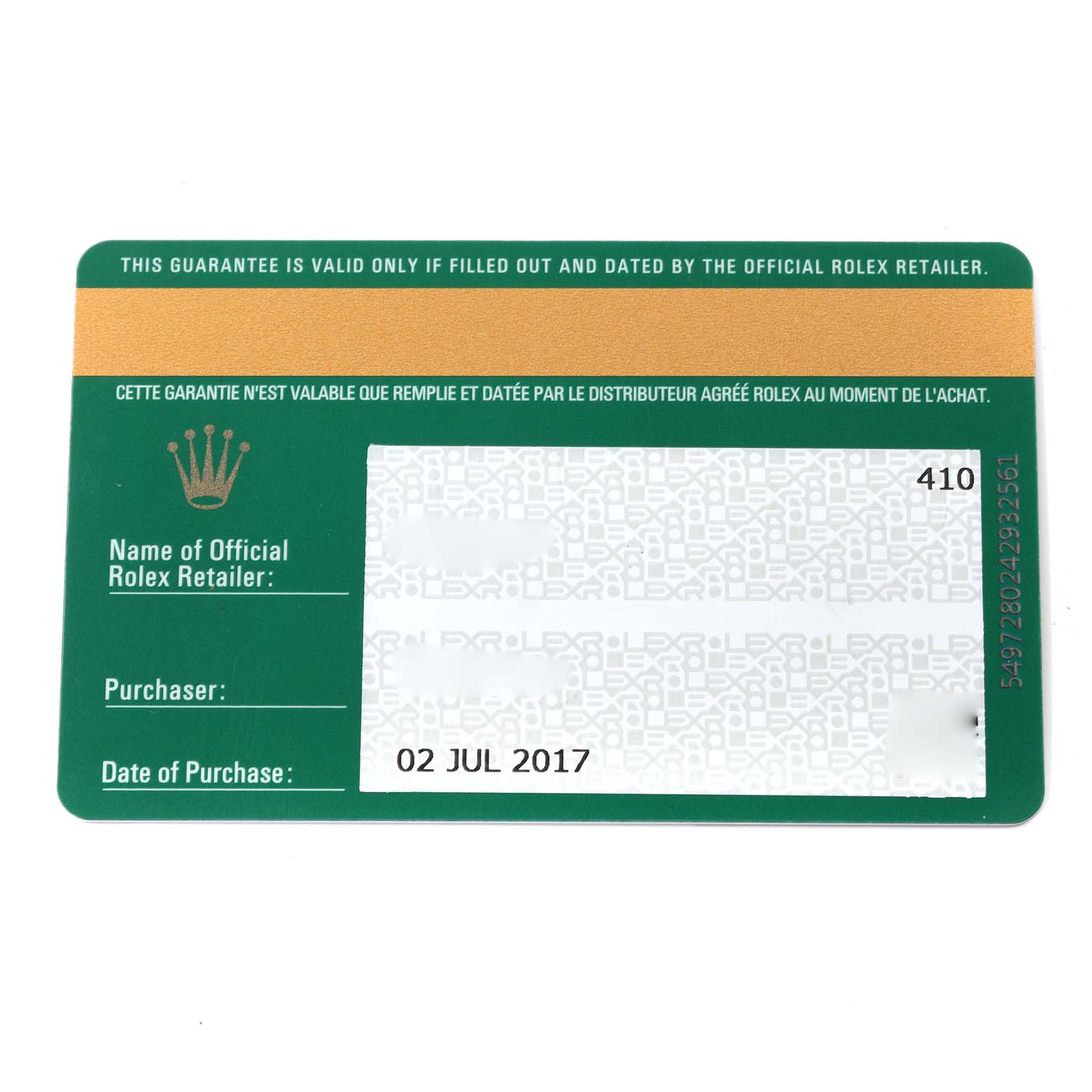 This image shows a guarantee card for a Rolex Datejust 179174 Women's Stainless Steel Blue Dial 179174 Women's Stainless Steel Blue Dial watch, indicating the purchase date and retailer information.