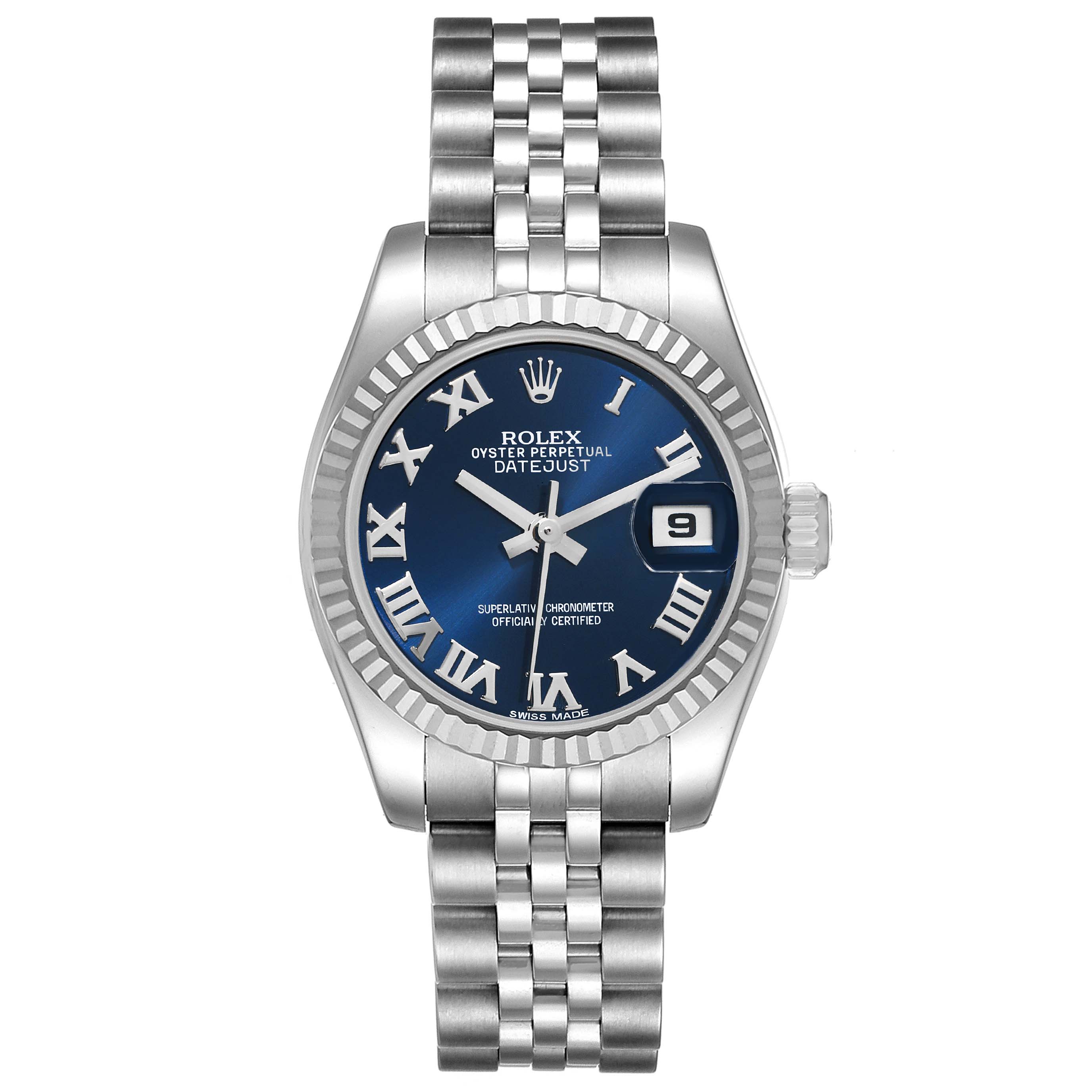 This image shows a front view of the Rolex Datejust 179174 Women's Stainless Steel Blue Dial 179174 Women's Stainless Steel Blue Dial watch, displaying its face, bezel, and bracelet.