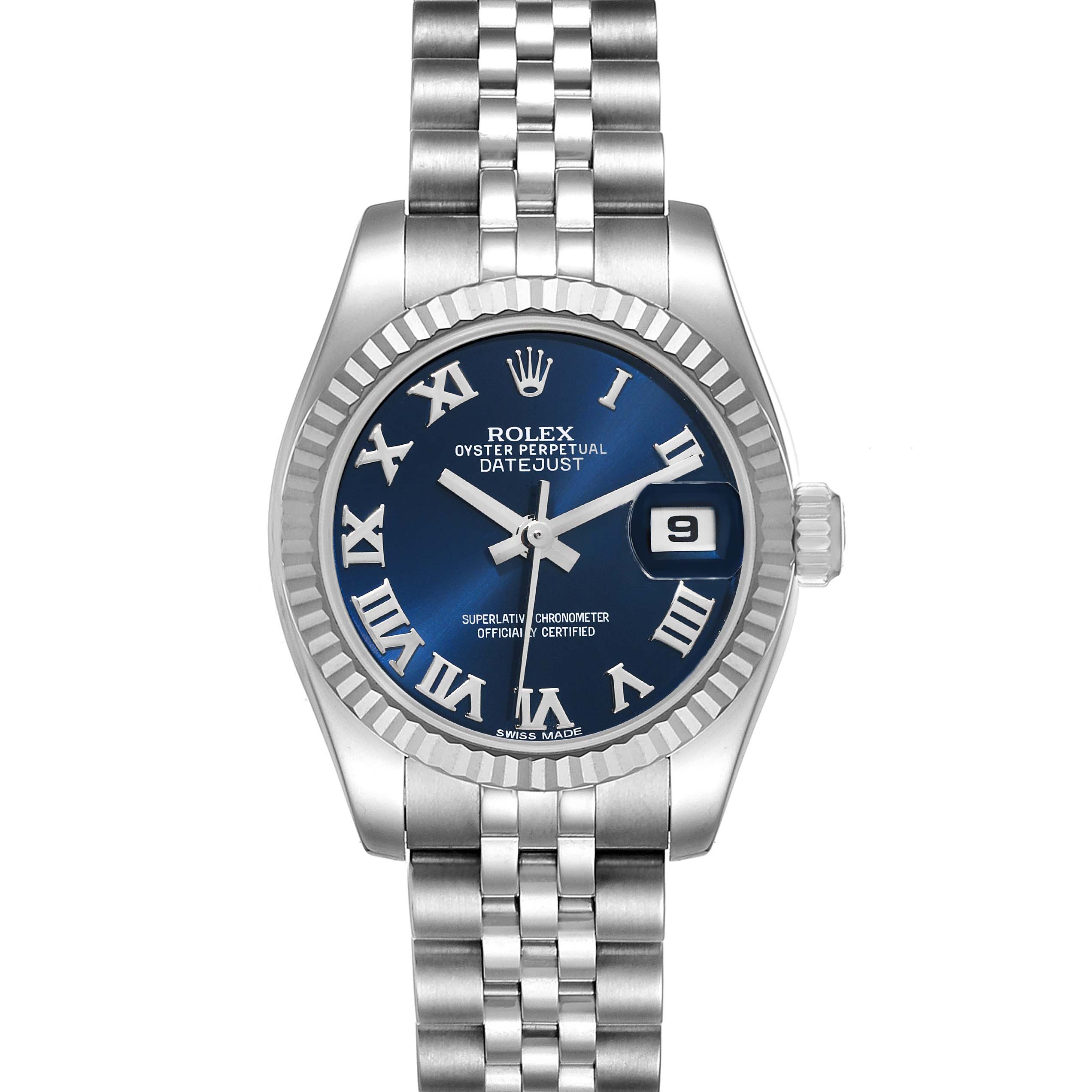 This image shows a front view of a Rolex Datejust 179174 Women's Stainless Steel Blue Dial 179174 Women's Stainless Steel Blue Dial watch, featuring a blue dial with Roman numerals and a Jubilee bracelet.