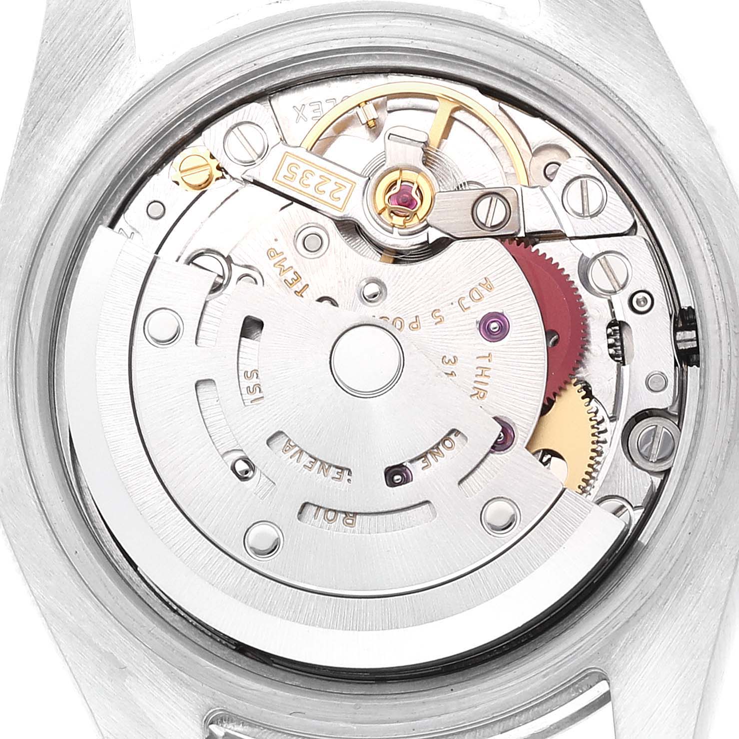 This image shows the internal mechanical movement of a Rolex Datejust 179174 Women's Stainless Steel Blue Dial 179174 Women's Stainless Steel Blue Dial watch from a top-down angle.