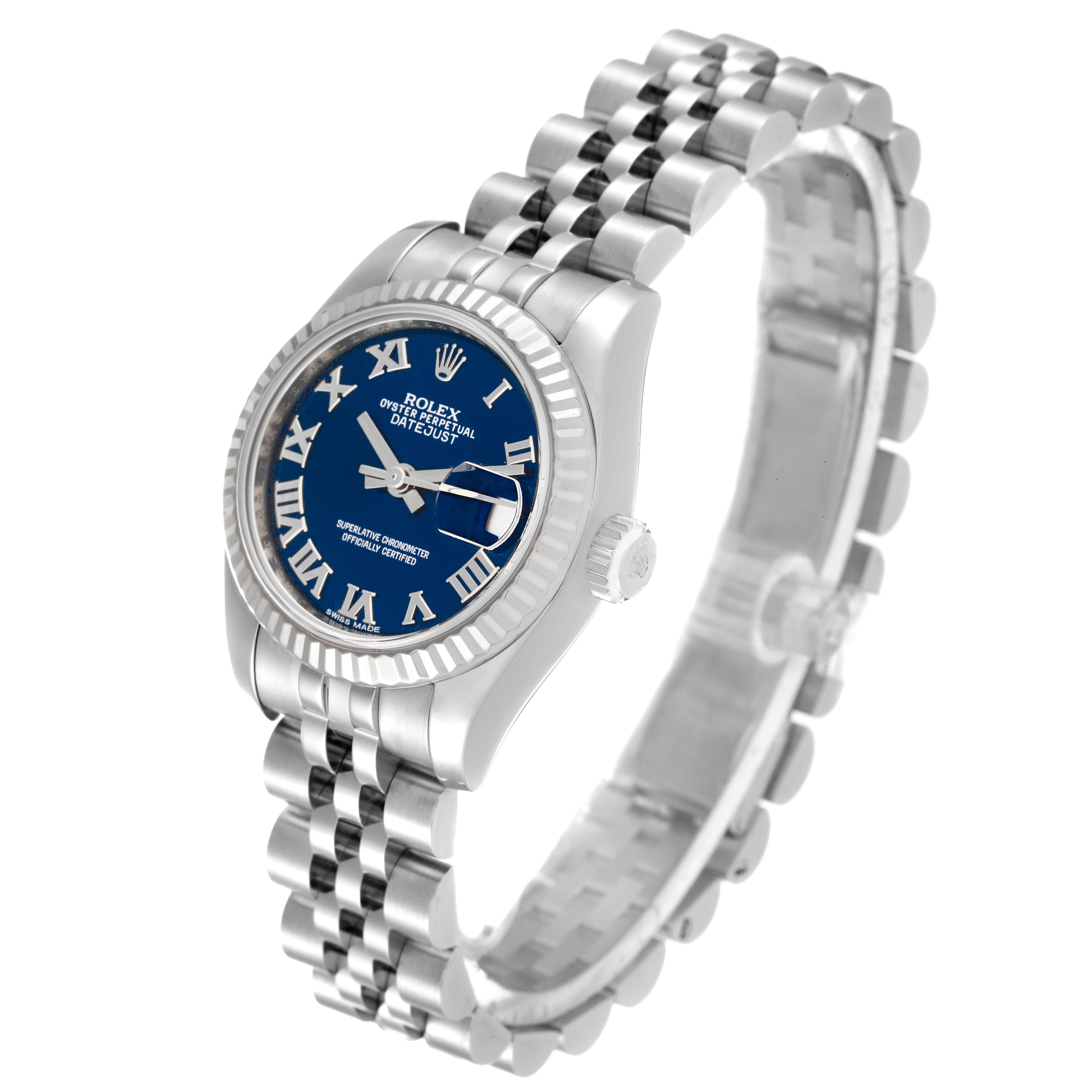 The image shows a Rolex Datejust 179174 Women's Stainless Steel Blue Dial 179174 Women's Stainless Steel Blue Dial watch angled sideways, highlighting the bracelet, bezel, dial, and crown.