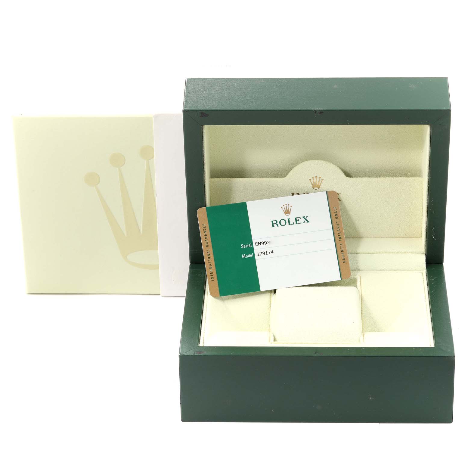 The image shows an open Rolex Datejust 179174 Women's Stainless Steel Blue Dial 179174 Women's Stainless Steel Blue Dial watch box with an authentication card and an outer packaging box.