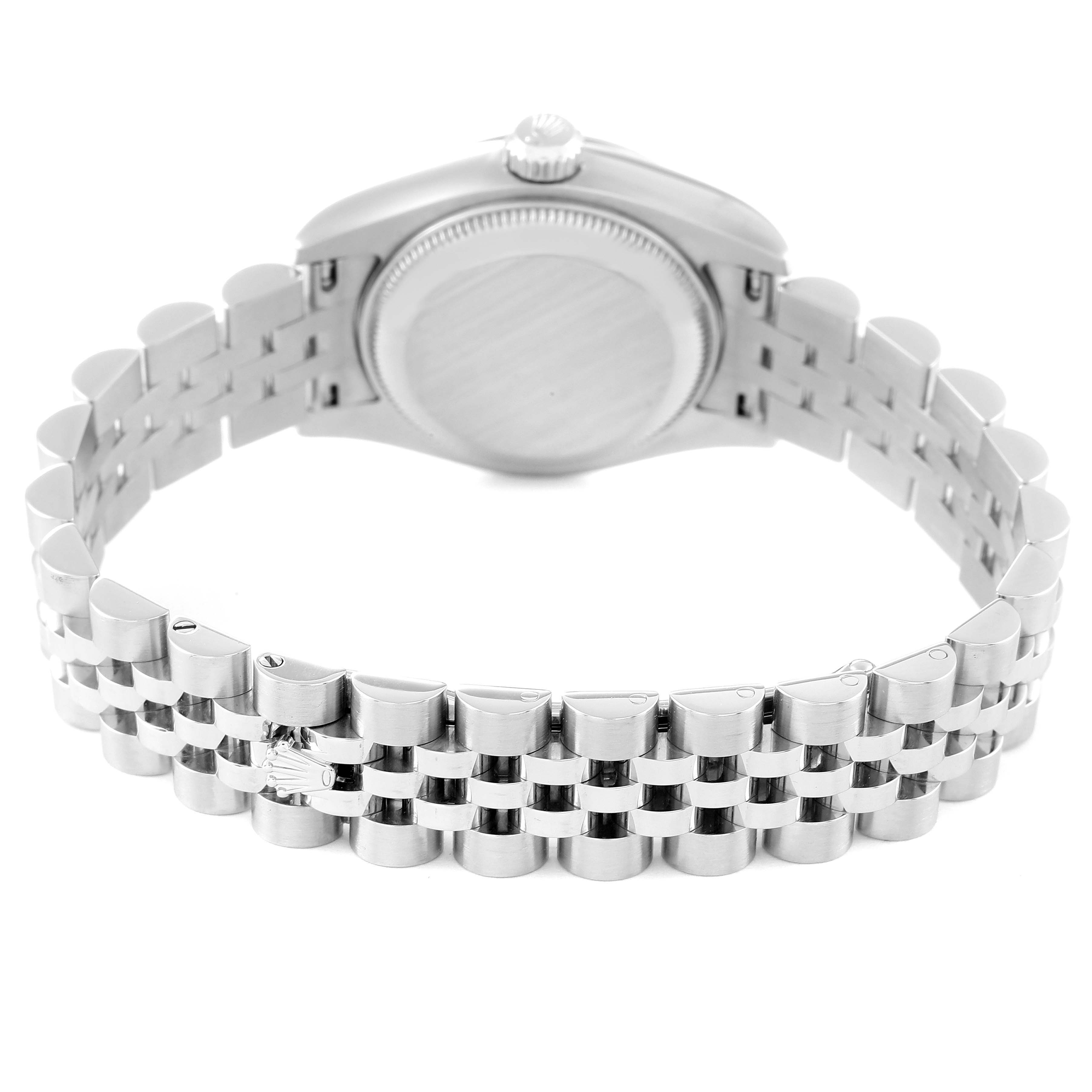 This image shows the back view of the Rolex Datejust 179174 Women's Stainless Steel Blue Dial 179174 Women's Stainless Steel Blue Dial watch, highlighting the case back and the jubilee bracelet.