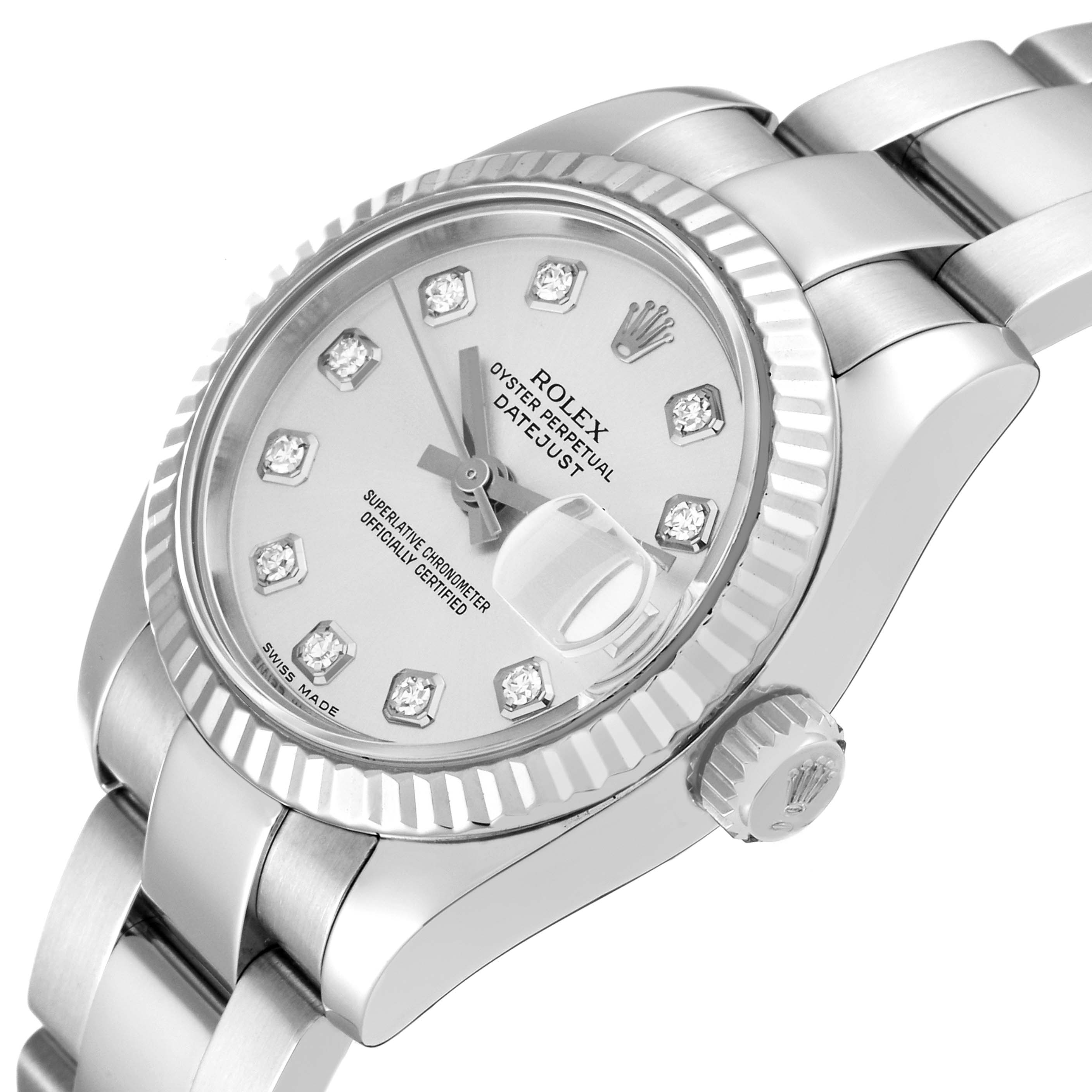 This image shows a close-up, angled view of a Rolex Datejust 179174 Women's Stainless Steel Silver Dial 179174 Women's Stainless Steel Silver Dial watch, highlighting the dial, bezel, and part of the bracelet.