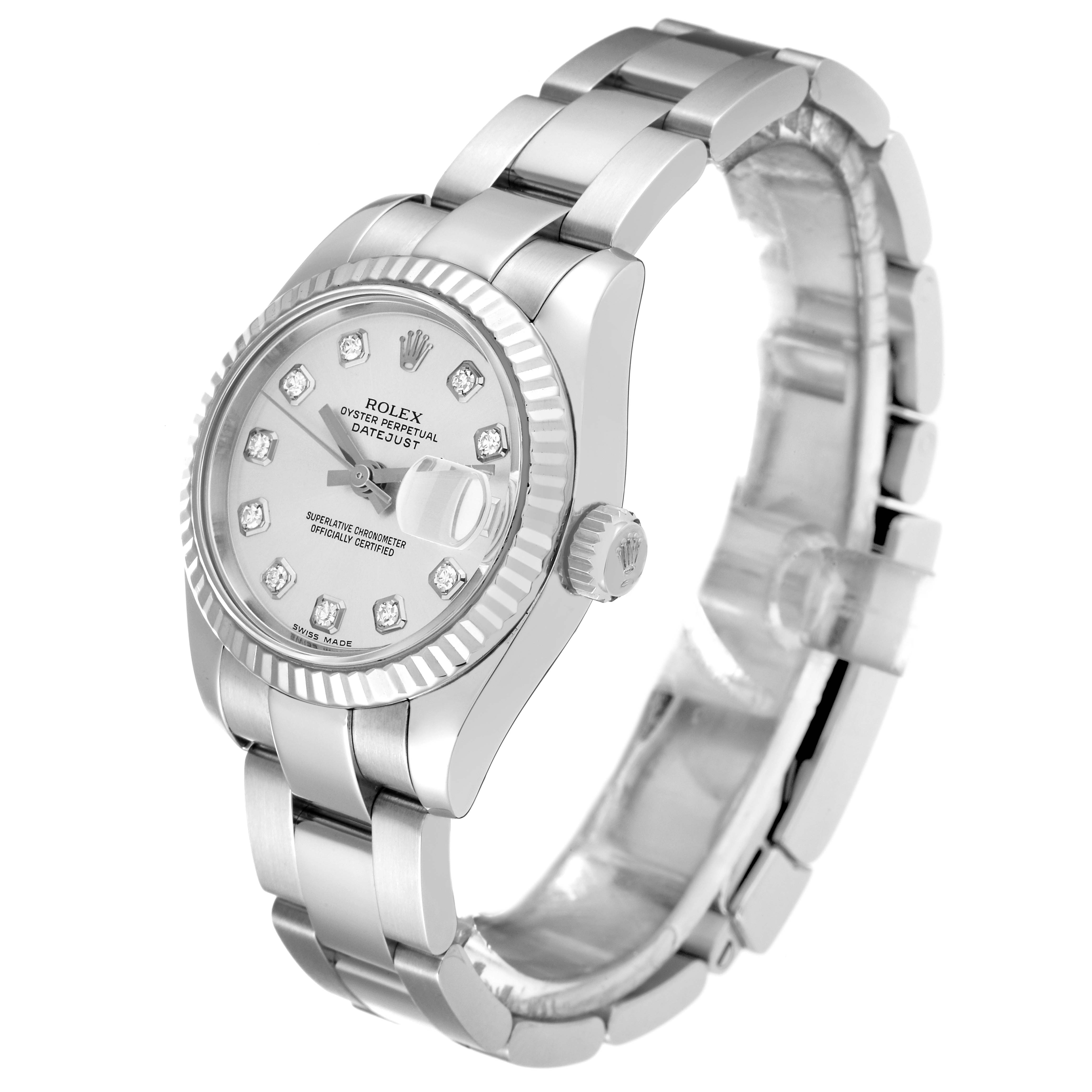 The image shows a Rolex Datejust 179174 Women's Stainless Steel Silver Dial 179174 Women's Stainless Steel Silver Dial watch at a slight angle, highlighting its face, bezel, crown, and bracelet.