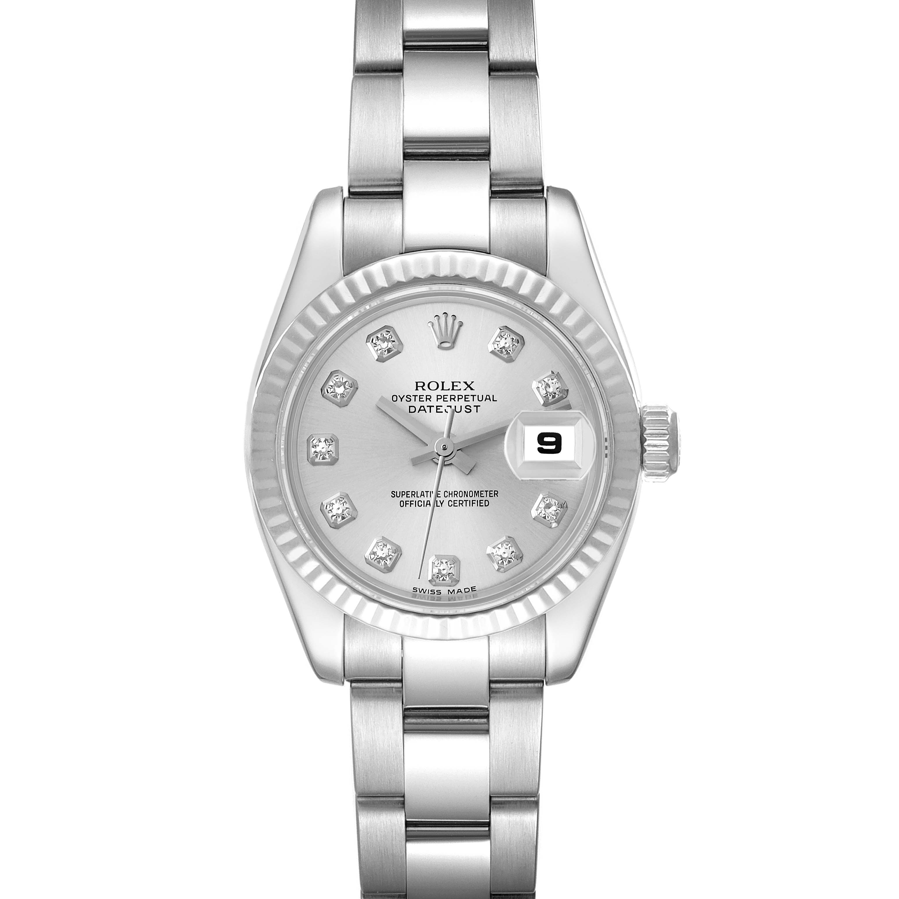 This image shows a Rolex Datejust 179174 Women's Stainless Steel Silver Dial 179174 Women's Stainless Steel Silver Dial watch from a front angle, displaying the bezel, dial, bracelet, and date window.