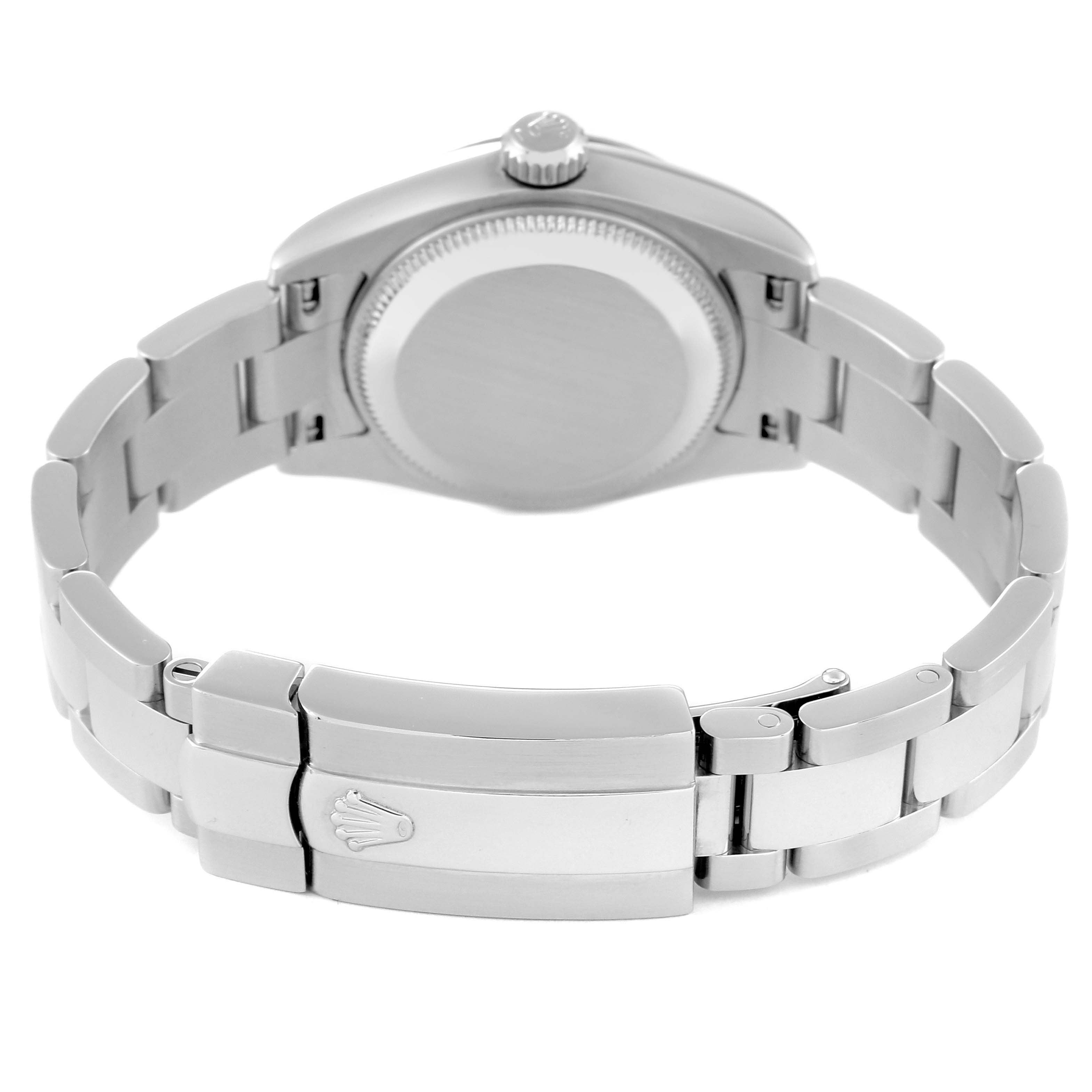 The image shows the back view of a Rolex Datejust 179174 Women's Stainless Steel Silver Dial 179174 Women's Stainless Steel Silver Dial watch, highlighting its case back, bracelet, and clasp.