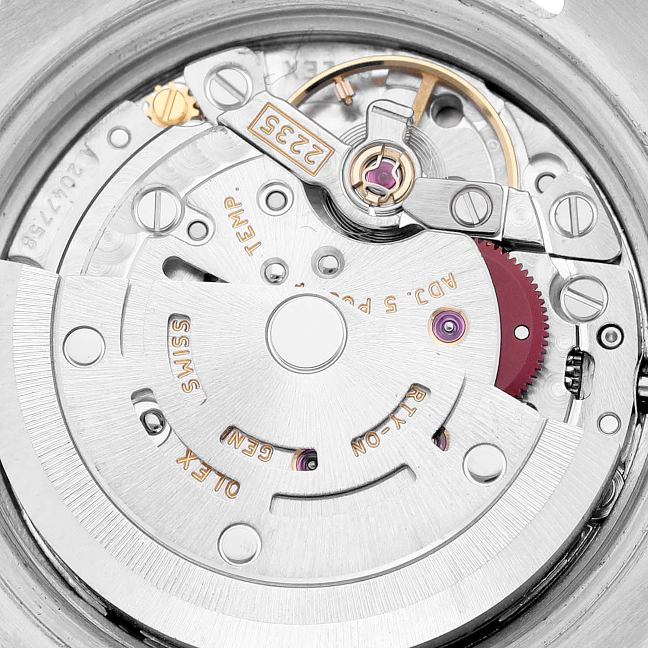 The image shows a close-up of the movement and inner mechanism of a Rolex Datejust 179174 Women's Stainless Steel Silver Dial 179174 Women's Stainless Steel Silver Dial watch.