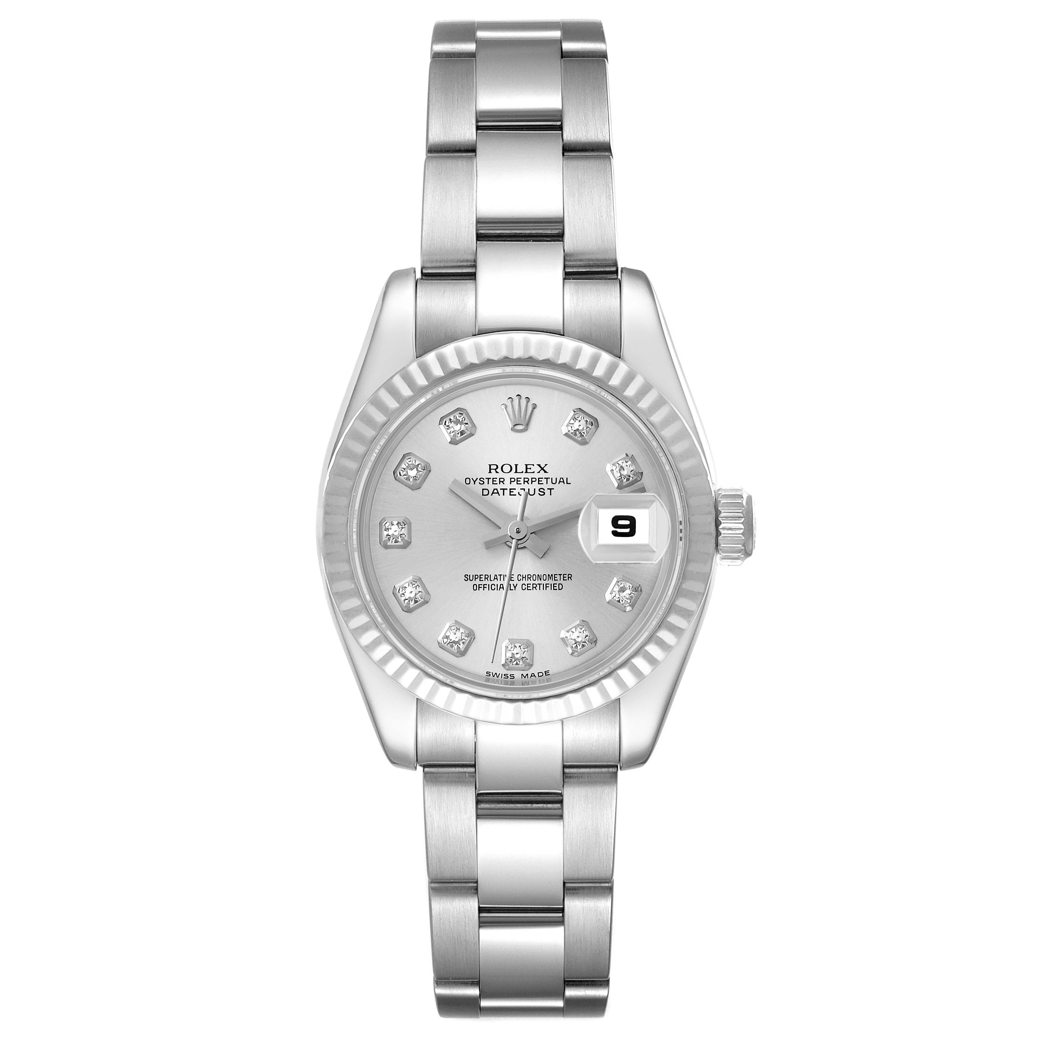 This image shows the Rolex Datejust 179174 Women's Stainless Steel Silver Dial 179174 Women's Stainless Steel Silver Dial watch from a top-down angle, highlighting the case, bracelet, dial, and date window.