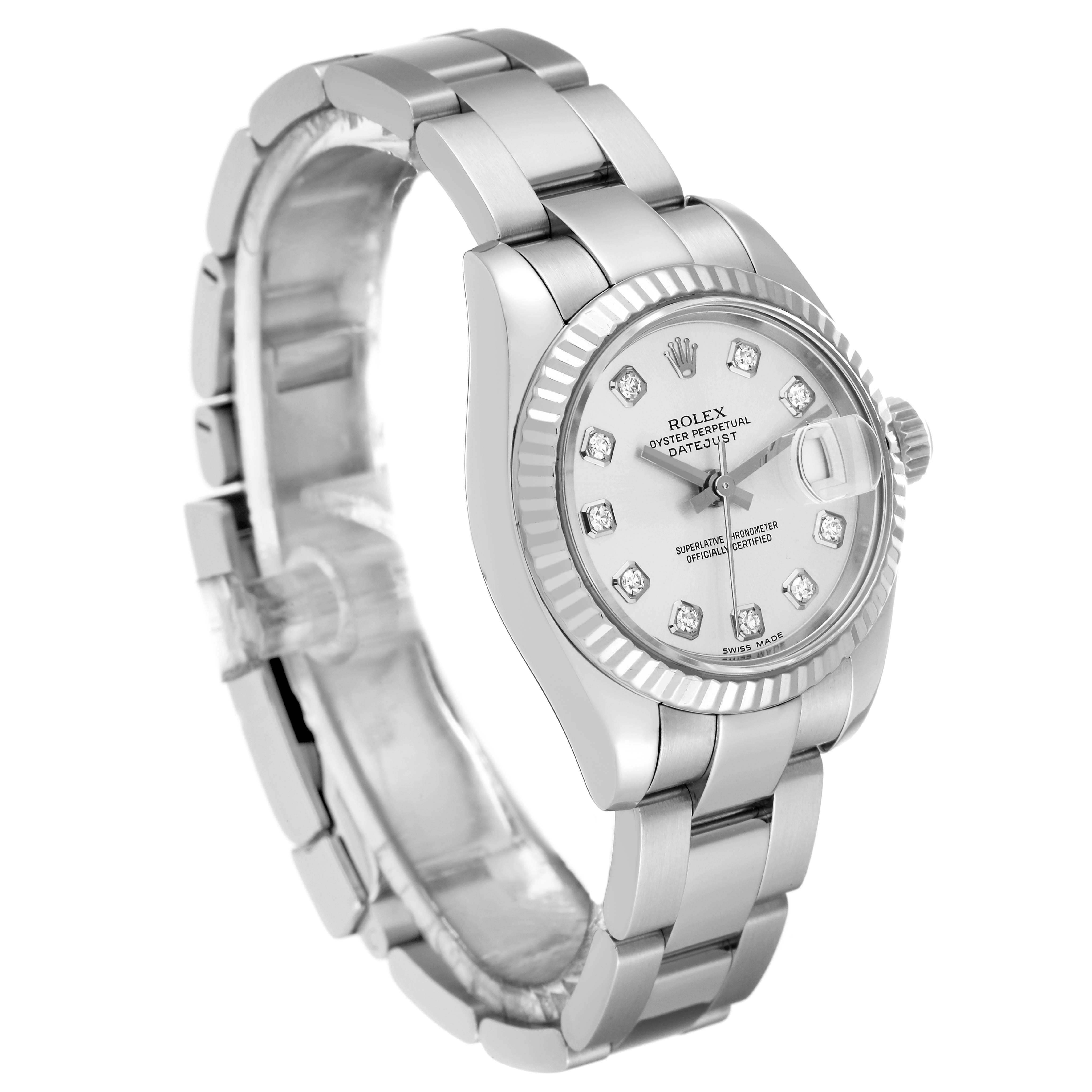 This is a Rolex Datejust 179174 Women's Stainless Steel Silver Dial 179174 Women's Stainless Steel Silver Dial watch shown from a front-side angle, displaying its dial, bezel, and bracelet.