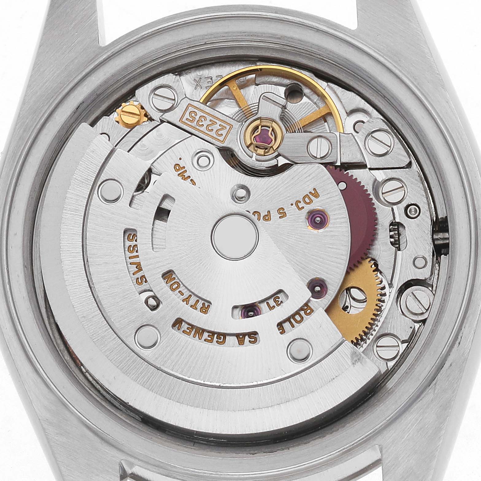 This image shows the back view of a Rolex Datejust 79174 Women's Stainless Steel Pink Dial watch, displaying its internal movement and rotor.