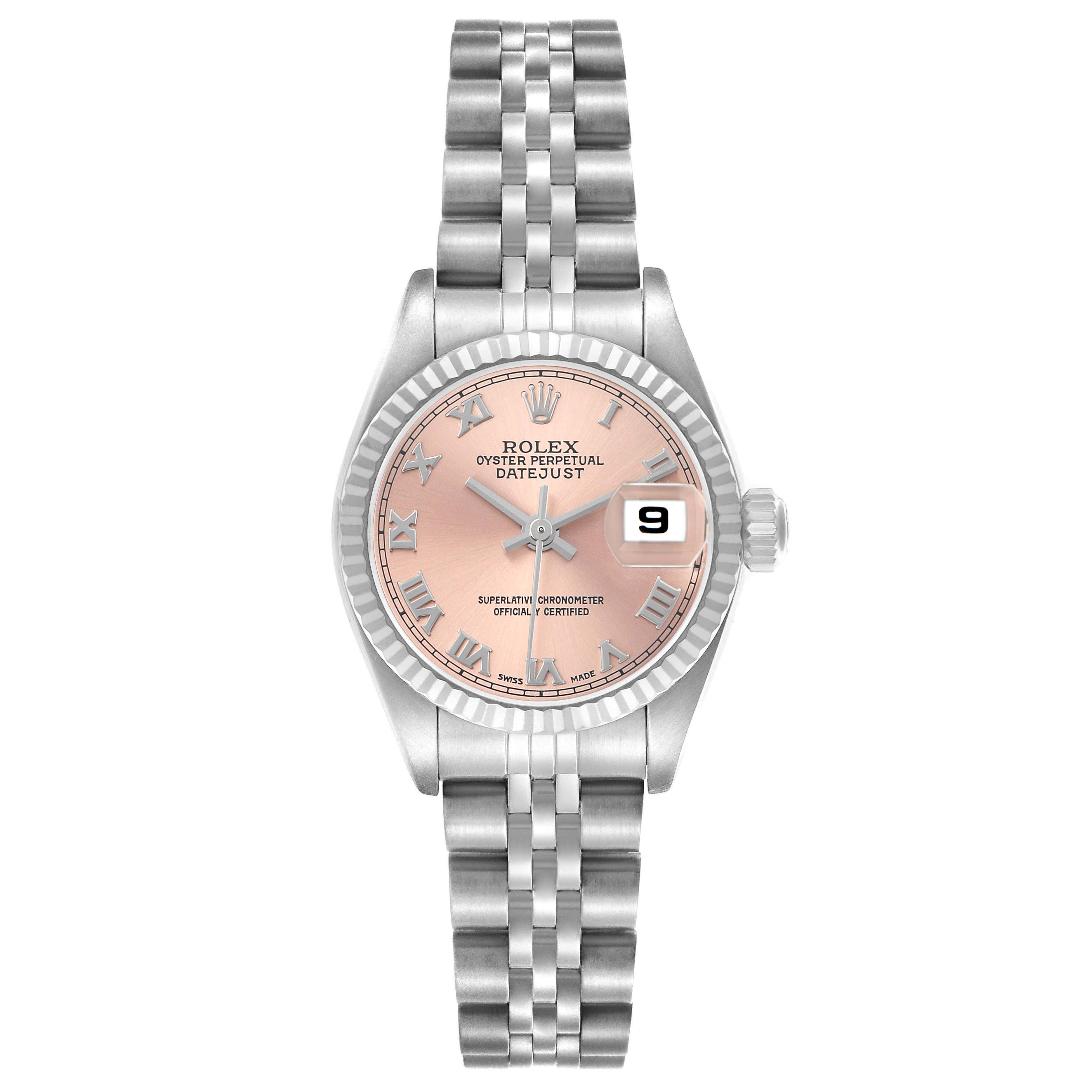 The Rolex Datejust 79174 Women's Stainless Steel Pink Dial watch is shown from a front view, displaying the pink dial, fluted bezel, date window, and Jubilee bracelet.