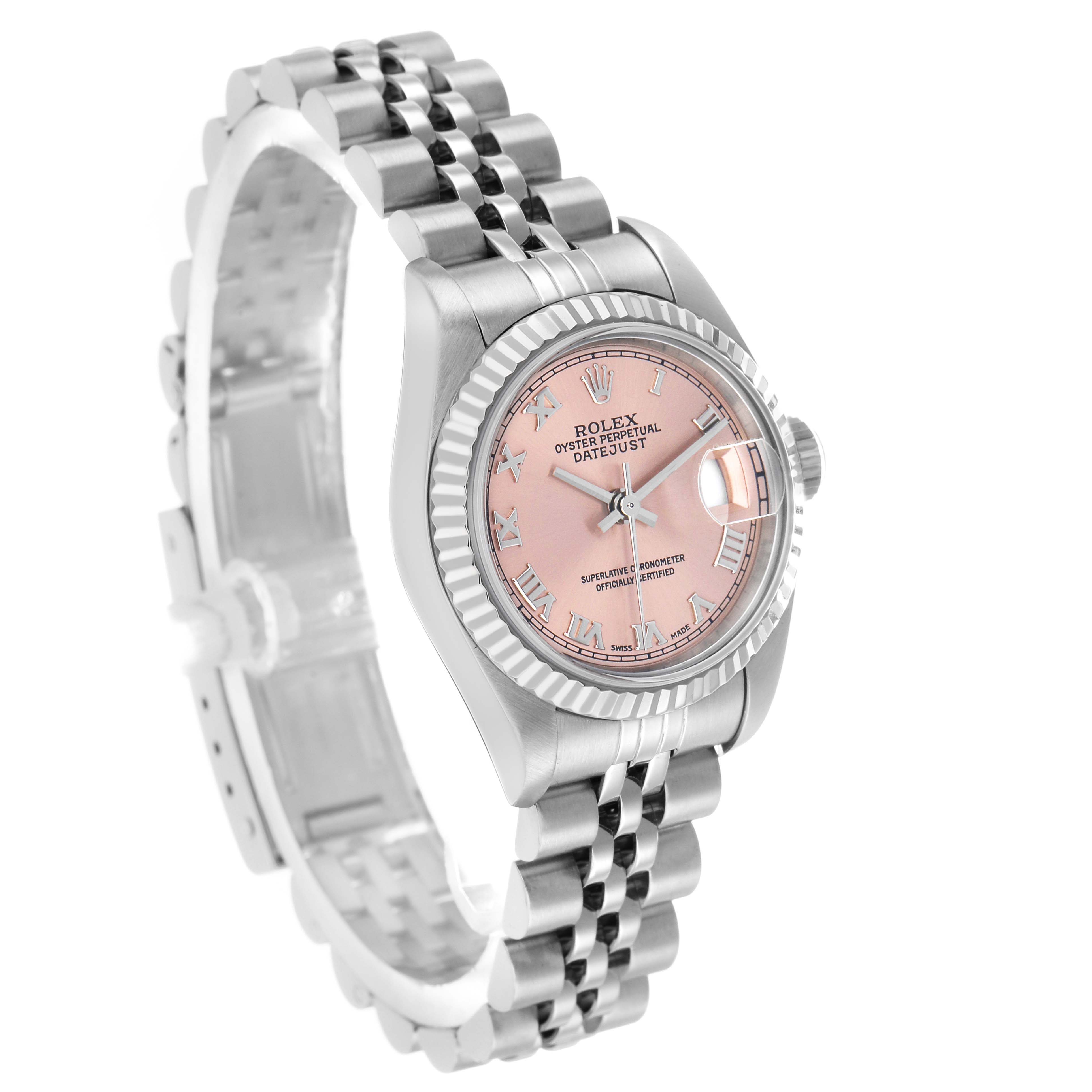 The Rolex Datejust 79174 Women's Stainless Steel Pink Dial watch is shown at a three-quarter angle, displaying the face, bracelet, bezel, and crown clearly.