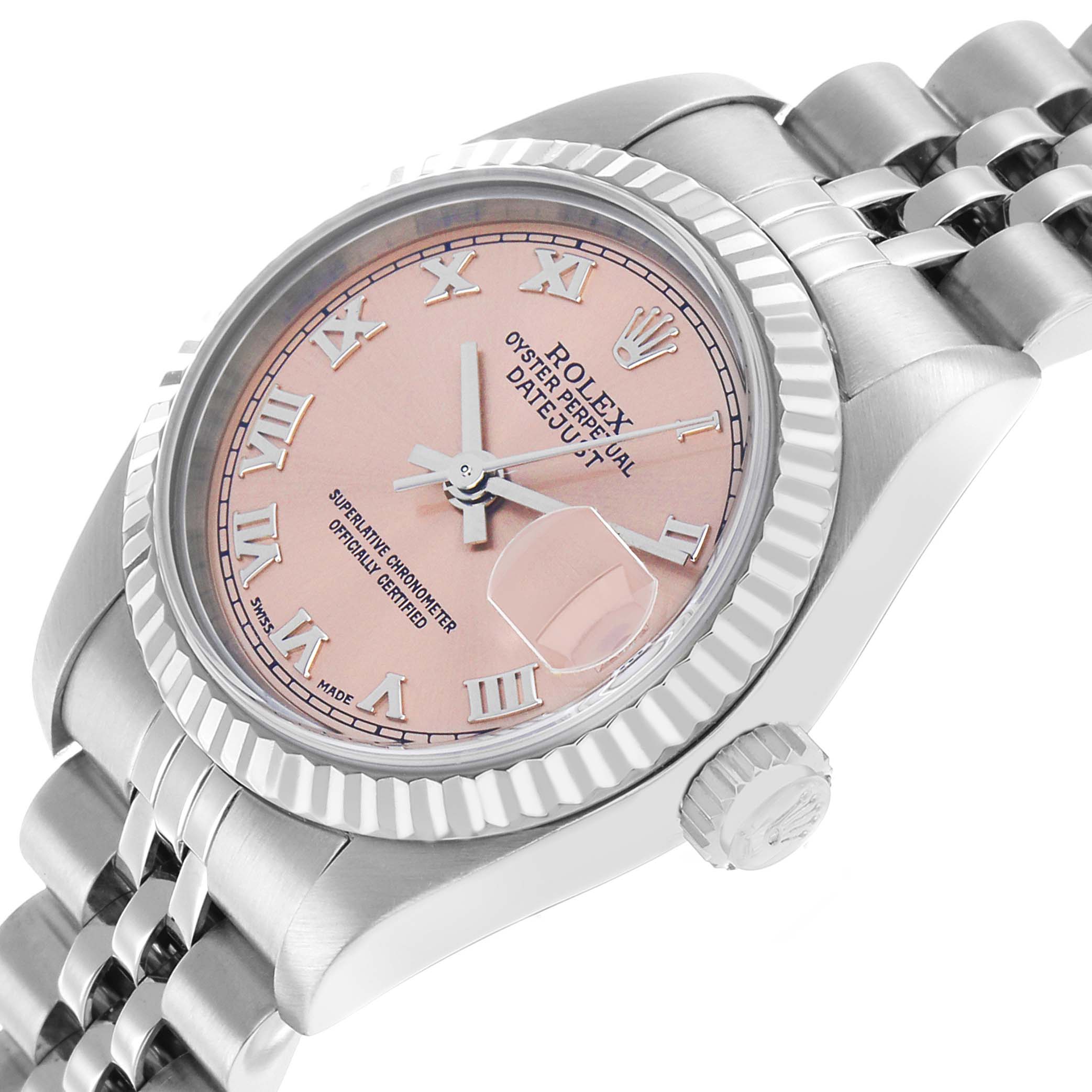 The Rolex Datejust 79174 Women's Stainless Steel Pink Dial watch is shown at a three-quarter angle, highlighting the pink dial, fluted bezel, and Jubilee bracelet.