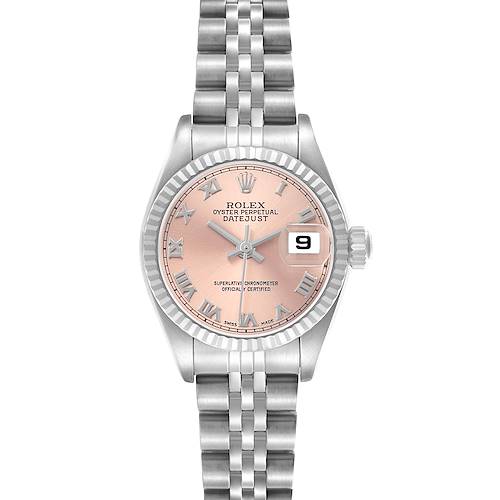 The Rolex Datejust 79174 Women's Stainless Steel Pink Dial watch is shown from a top-down angle, highlighting the dial, bezel, case, and bracelet.