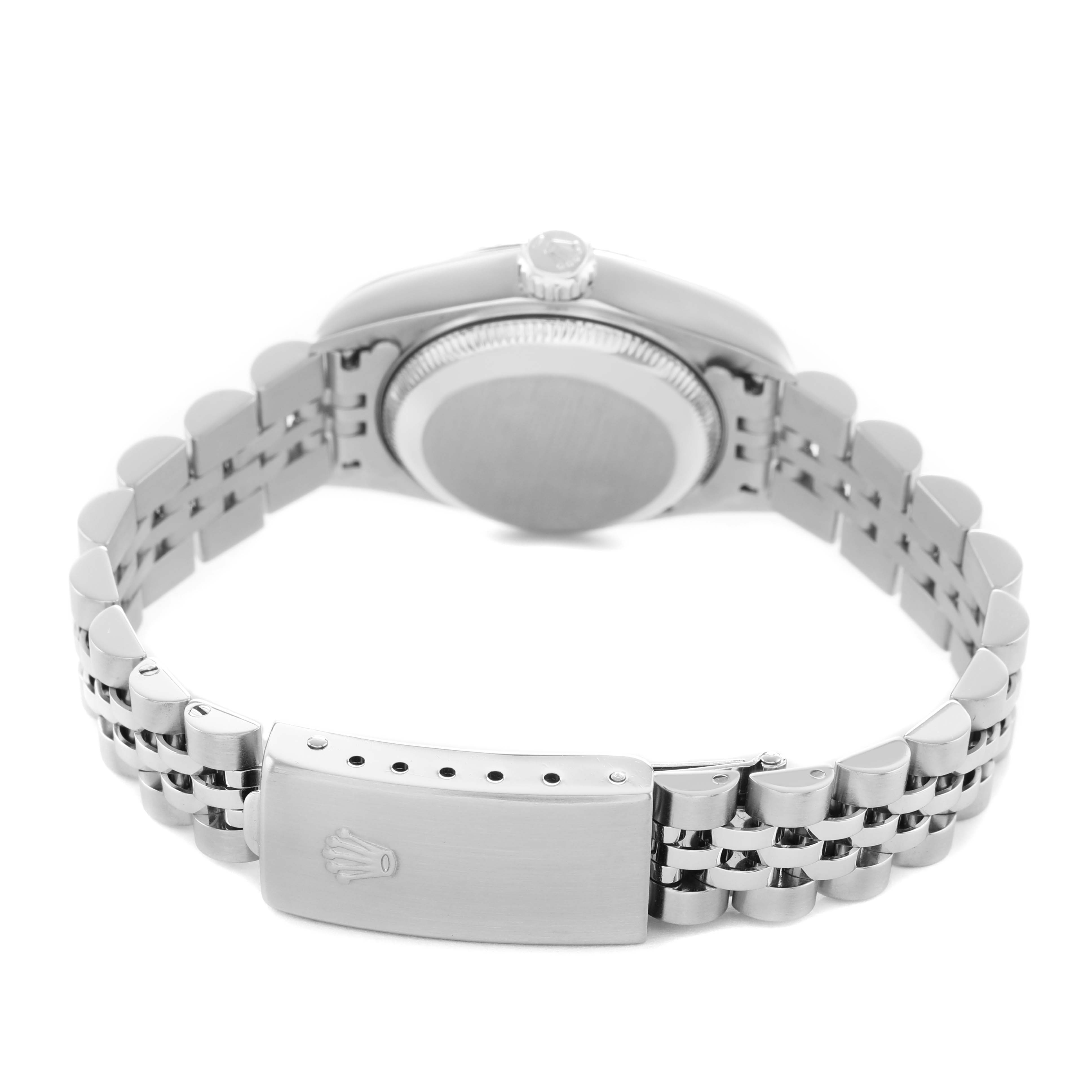 The image shows the back view of a Rolex Datejust 79174 Women's Stainless Steel Pink Dial watch, highlighting the case back, crown, and bracelet with the clasp.