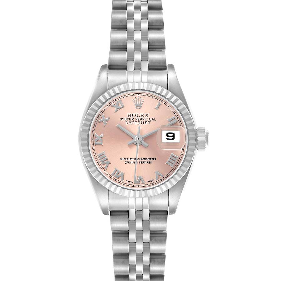 The Rolex Datejust 79174 Women's Stainless Steel Pink Dial is shown from a front angle, displaying its pink dial, Roman numerals, date, and Jubilee bracelet.