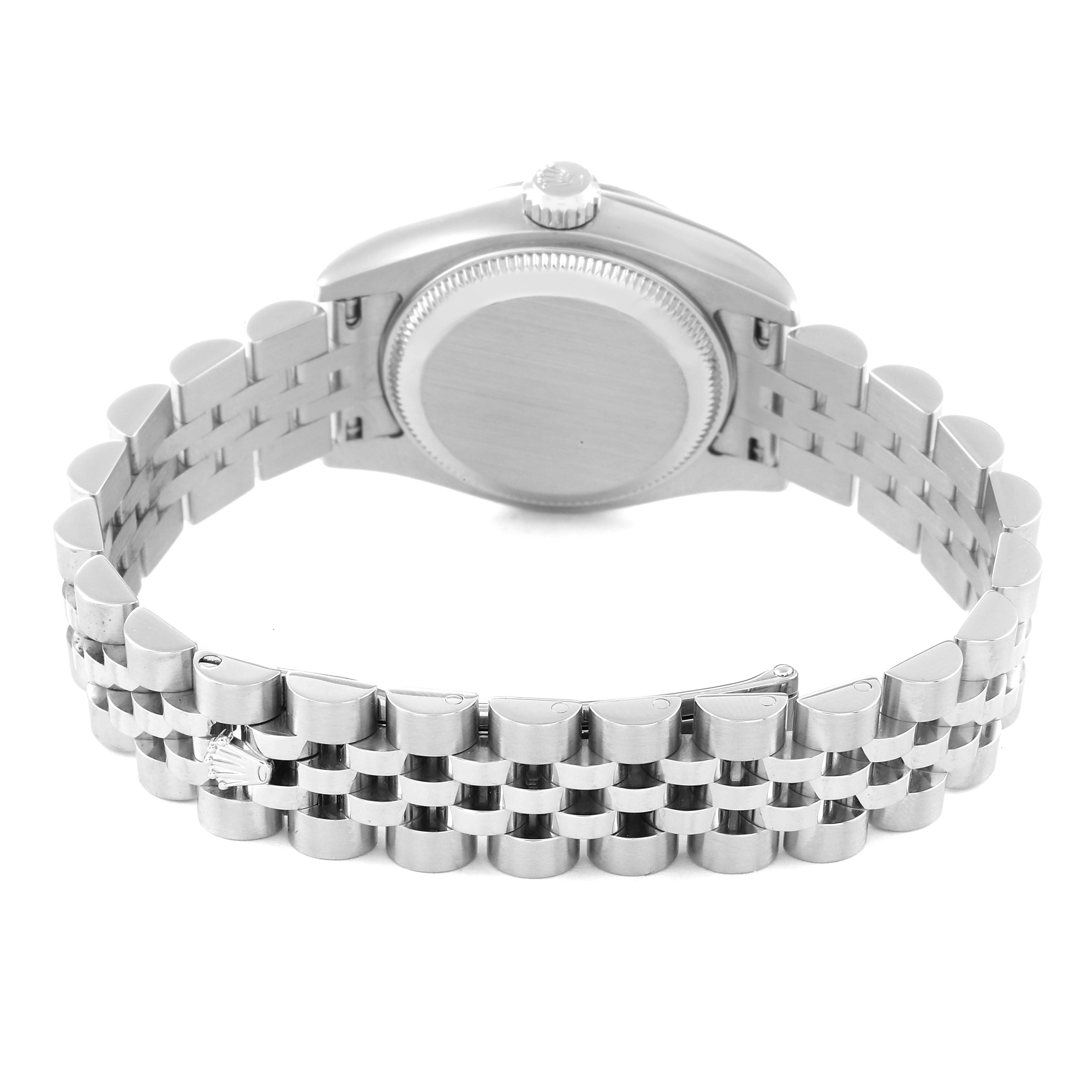 This is a rear view of the Rolex Datejust 179174 Women's Stainless Steel Silver Dial 179174 Women's Stainless Steel Silver Dial watch, showcasing the case back and bracelet.