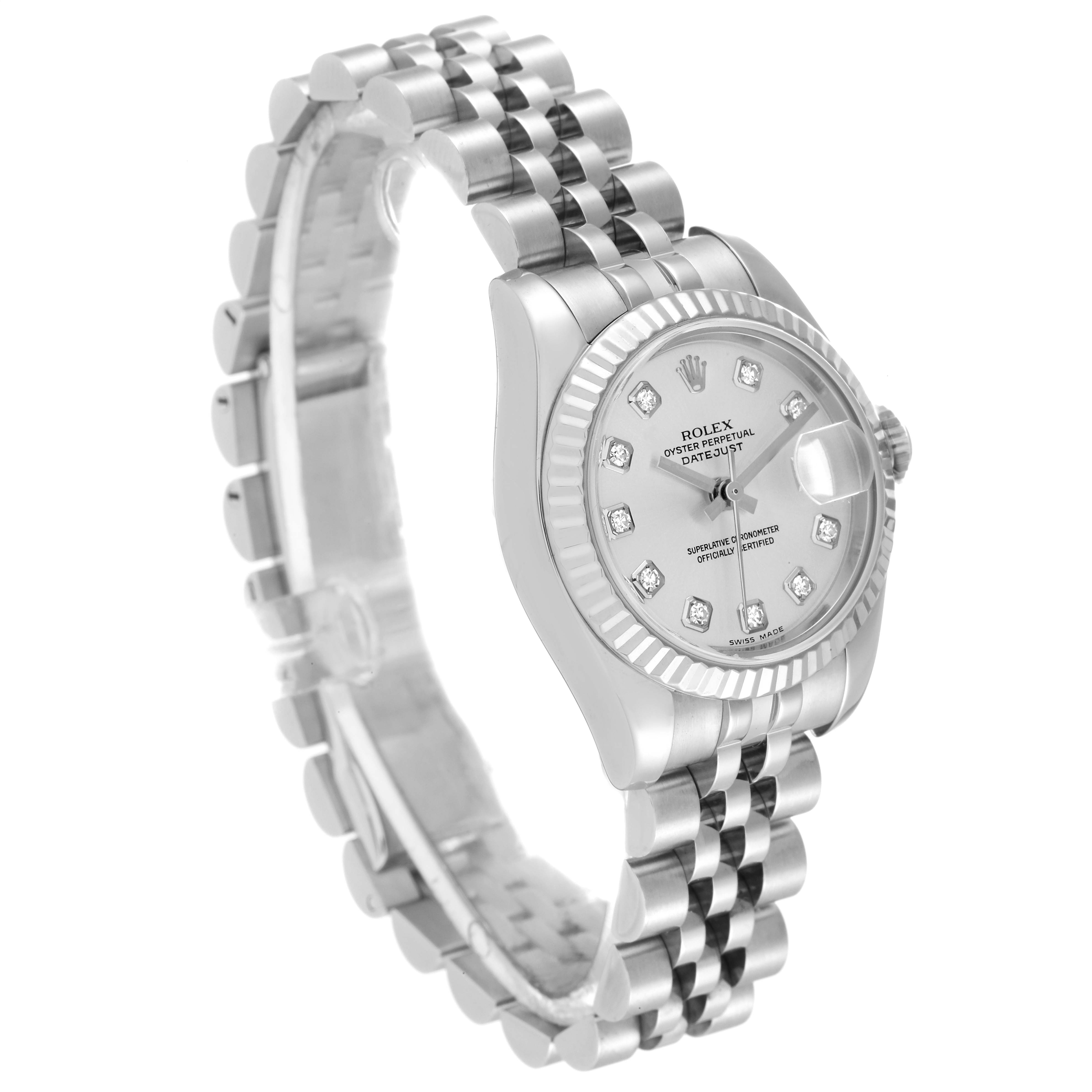 This image shows a Rolex Datejust 179174 Women's Stainless Steel Silver Dial 179174 Women's Stainless Steel Silver Dial watch with a silver dial and jubilee bracelet at a slight side angle.
