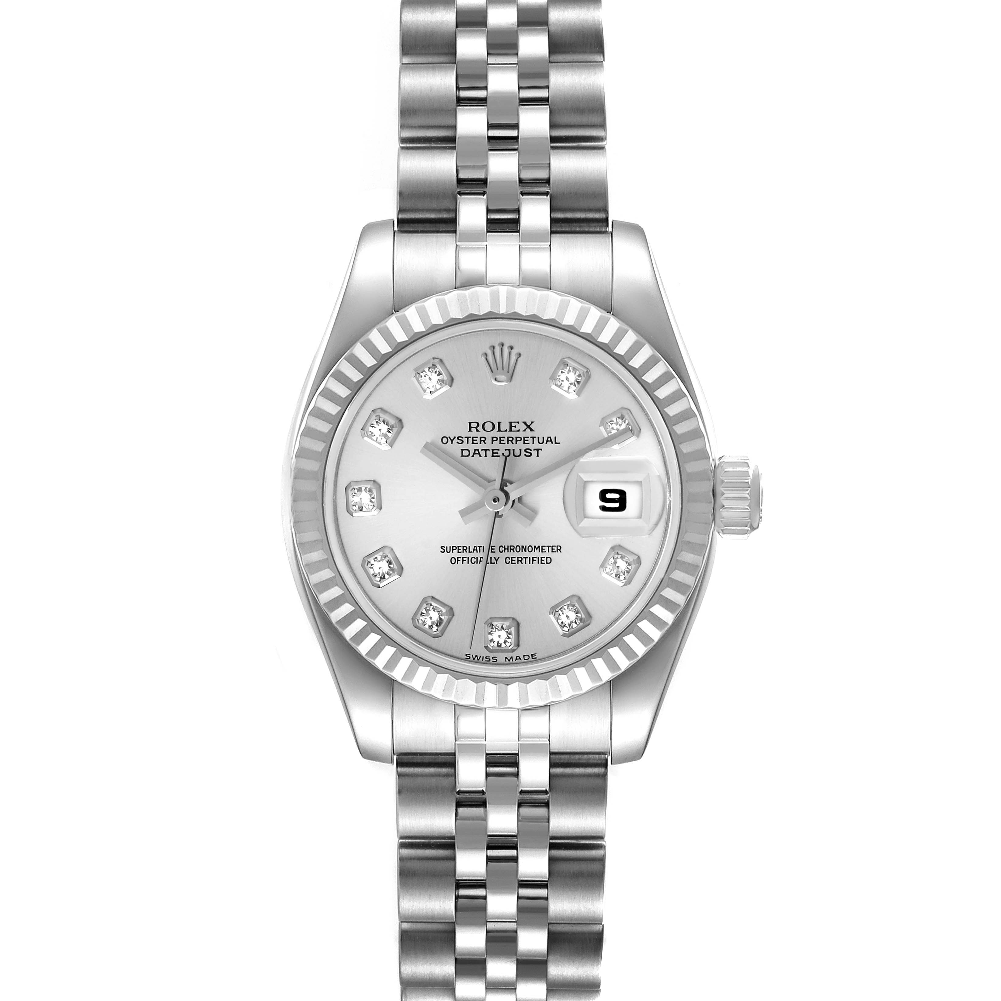 The image shows a front view of a Rolex Datejust 179174 Women's Stainless Steel Silver Dial 179174 Women's Stainless Steel Silver Dial watch, highlighting its silver dial, fluted bezel, and jubilee bracelet.