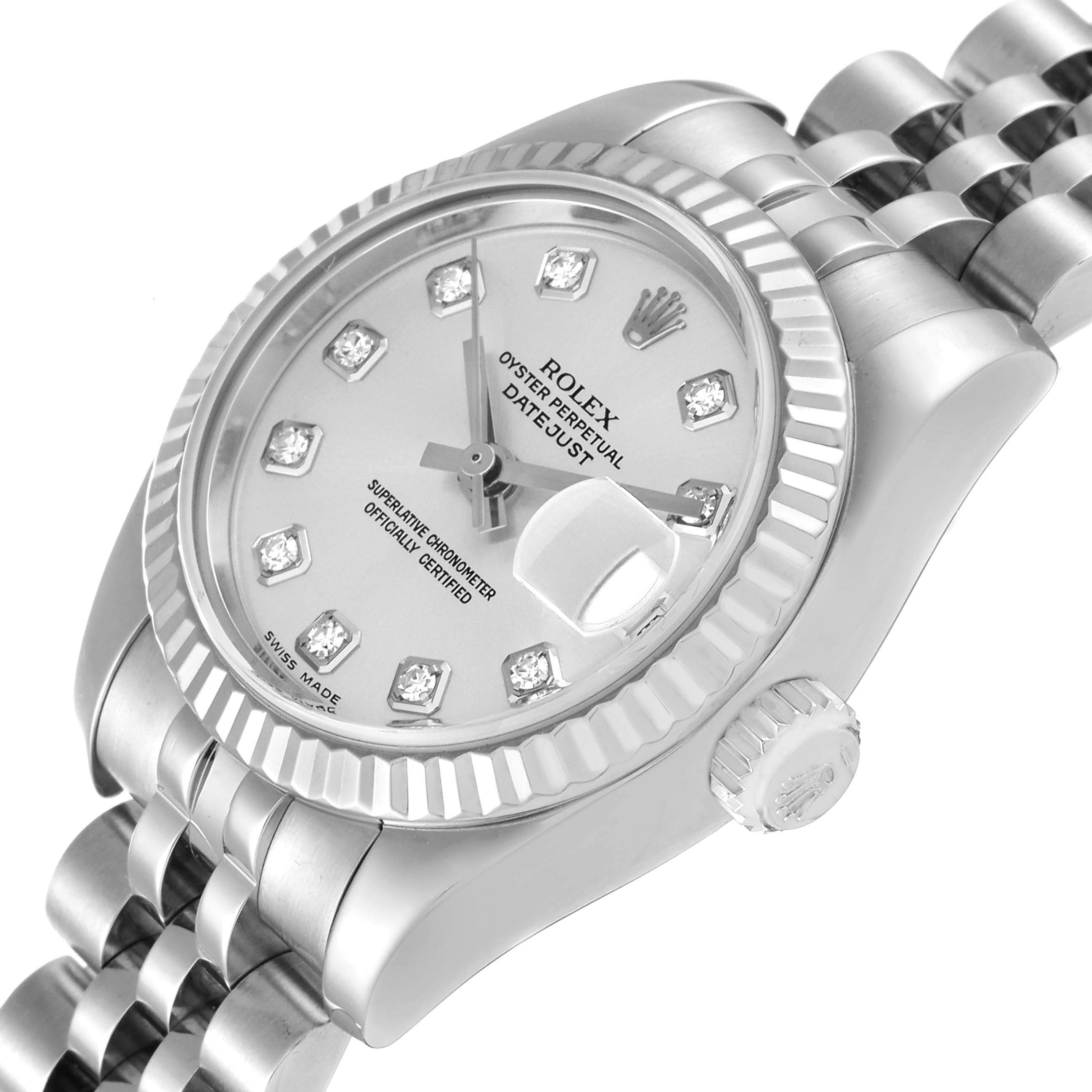 The image shows a Rolex Datejust 179174 Women's Stainless Steel Silver Dial 179174 Women's Stainless Steel Silver Dial watch at an angle displaying the face, bezel, bracelet, and crown.