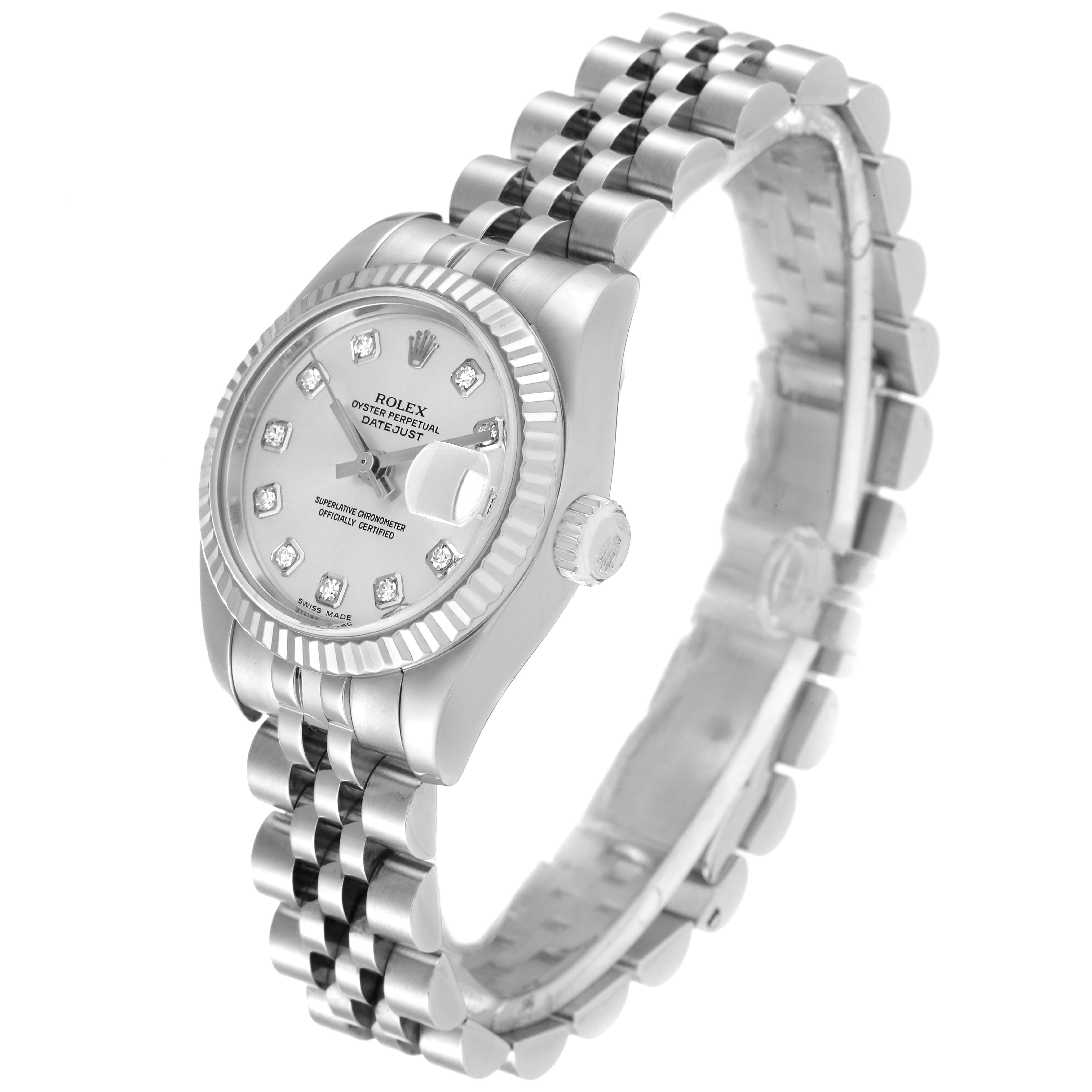 This image shows a Rolex Datejust 179174 Women's Stainless Steel Silver Dial 179174 Women's Stainless Steel Silver Dial watch at a three-quarter angle, revealing the dial, bezel, crown, and bracelet.