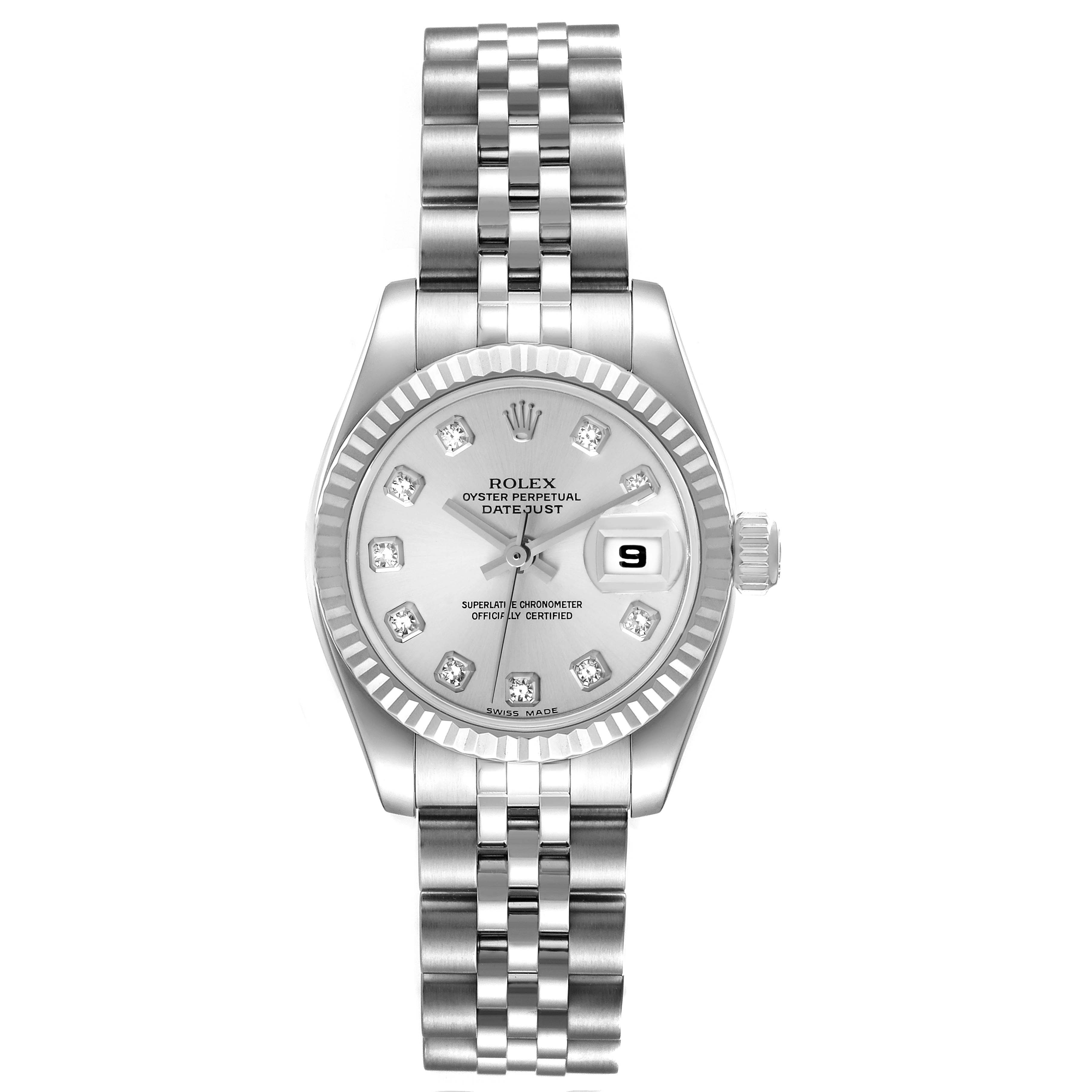The image shows a front view of the Rolex Datejust 179174 Women's Stainless Steel Silver Dial 179174 Women's Stainless Steel Silver Dial watch, displaying its face, bezel, bracelet, and crown.