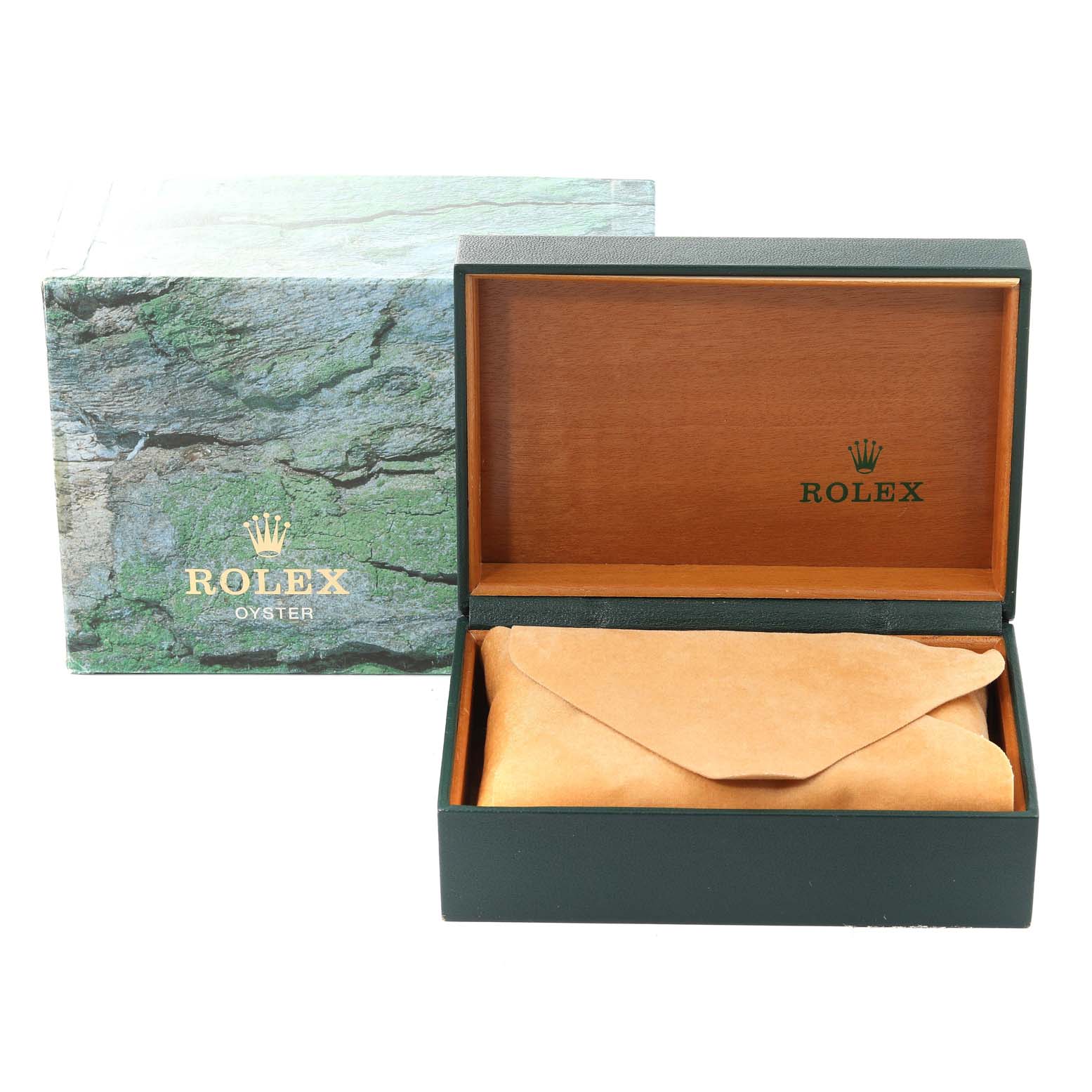 This image shows a Rolex Datejust 16234 Men's Stainless Steel Silver Dial 16234 Men's Stainless Steel Silver Dial watch box with an open wooden interior and a leather pouch inside.