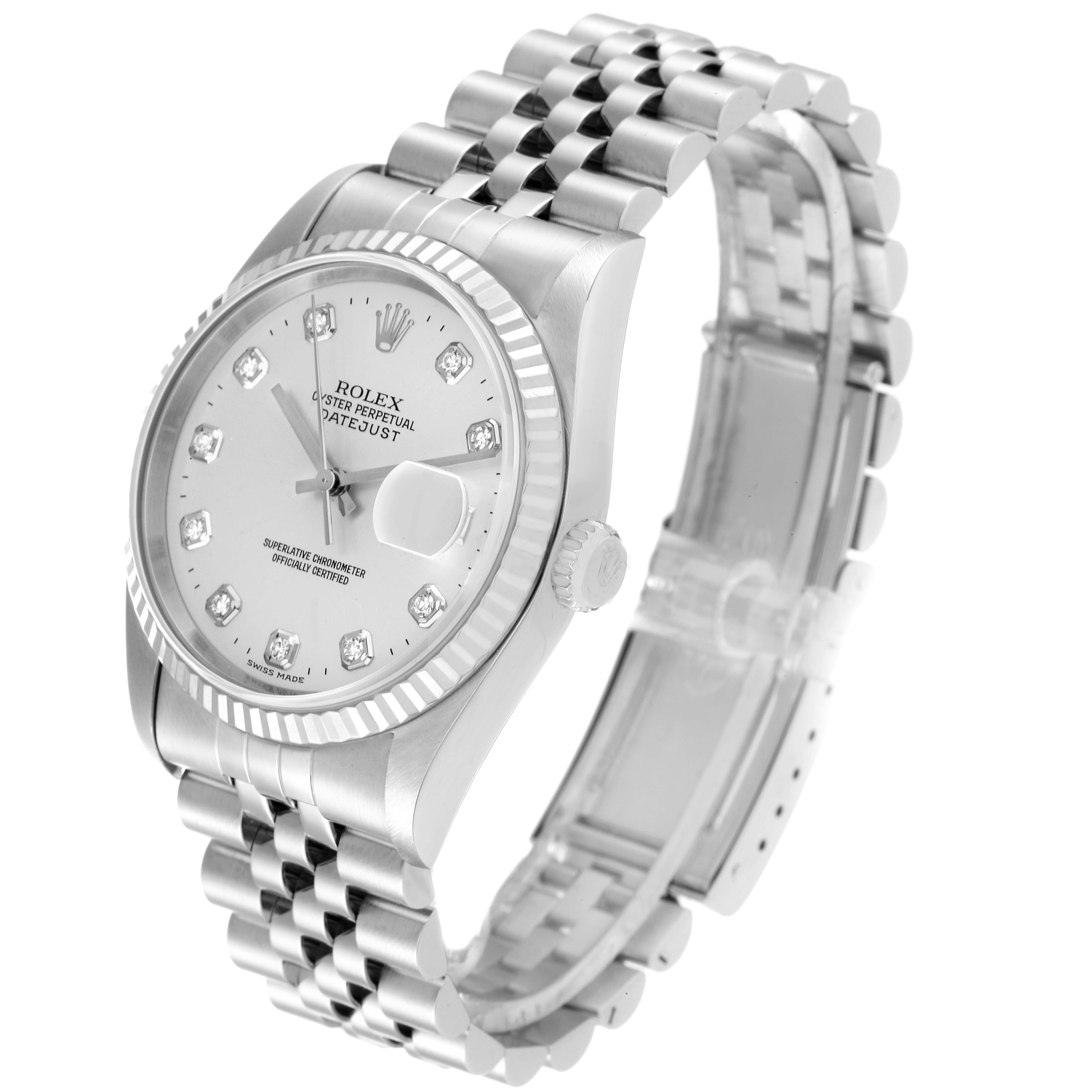 The image shows a Rolex Datejust 16234 Men's Stainless Steel Silver Dial 16234 Men's Stainless Steel Silver Dial watch at a three-quarter angle, emphasizing the dial, crown, and bracelet.
